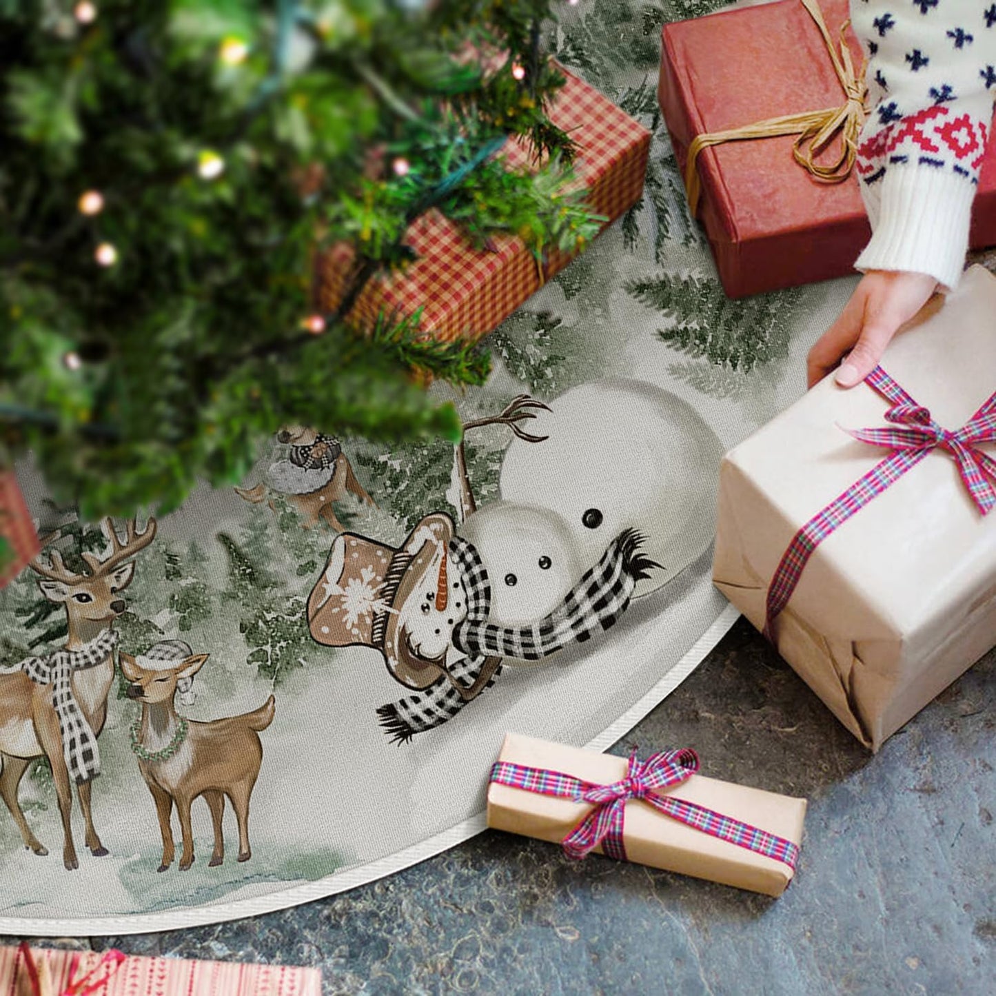 AVOIN colorlife Snowman Reindeer Snowflake Christmas Tree Skirt 48 Inch, Winter Holiday Tree Mat Decoration