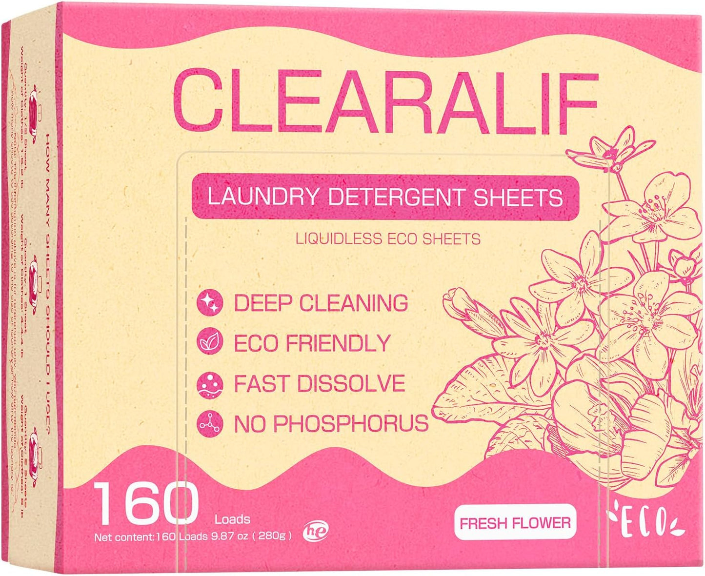 Laundry Detergent Sheets Up to 160 Loads, Fresh Flower - Great For Travel,Apartments, Dorms,CLEARALIF Laundry Detergent Strips Eco Friendly & Hypoallergenic - 80 Sheets