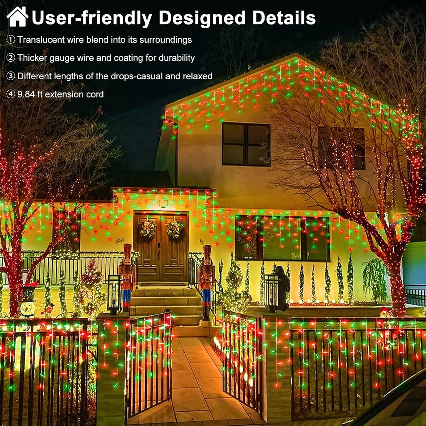 33ft Red and Green Christmas Lights, 400 LED Icicle Lights for Outside, Clear Wire Connectable Twinkle Light with 8 Modes Timer Waterproof for House Window Party Tree Holiday Patio Yard Home Decor
