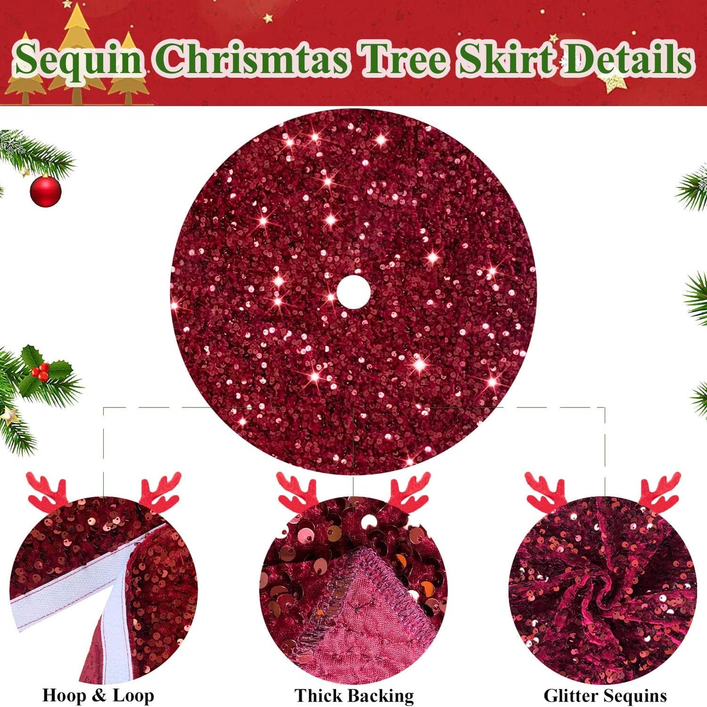 MODFUNS Burgundy Merry Christmas Tree Skirt 21 Inch Sequins Christmas Tree Cover Round Small Xmas Tree Skirt Classic Glittery Tree Base Carpet for Christmas Halloween Birthday Party Banquet Decoration