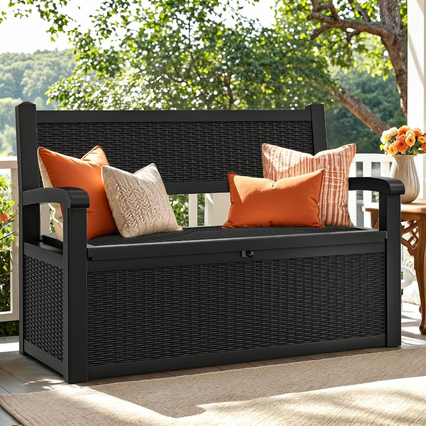YITAHOME 70 Gallon Storage Bench Deck Box, Lockable Patio Bench, Waterproof Outdoor Pool Deck Storage for Patio Cushions, Garden Tools and Pool Supplies, Black