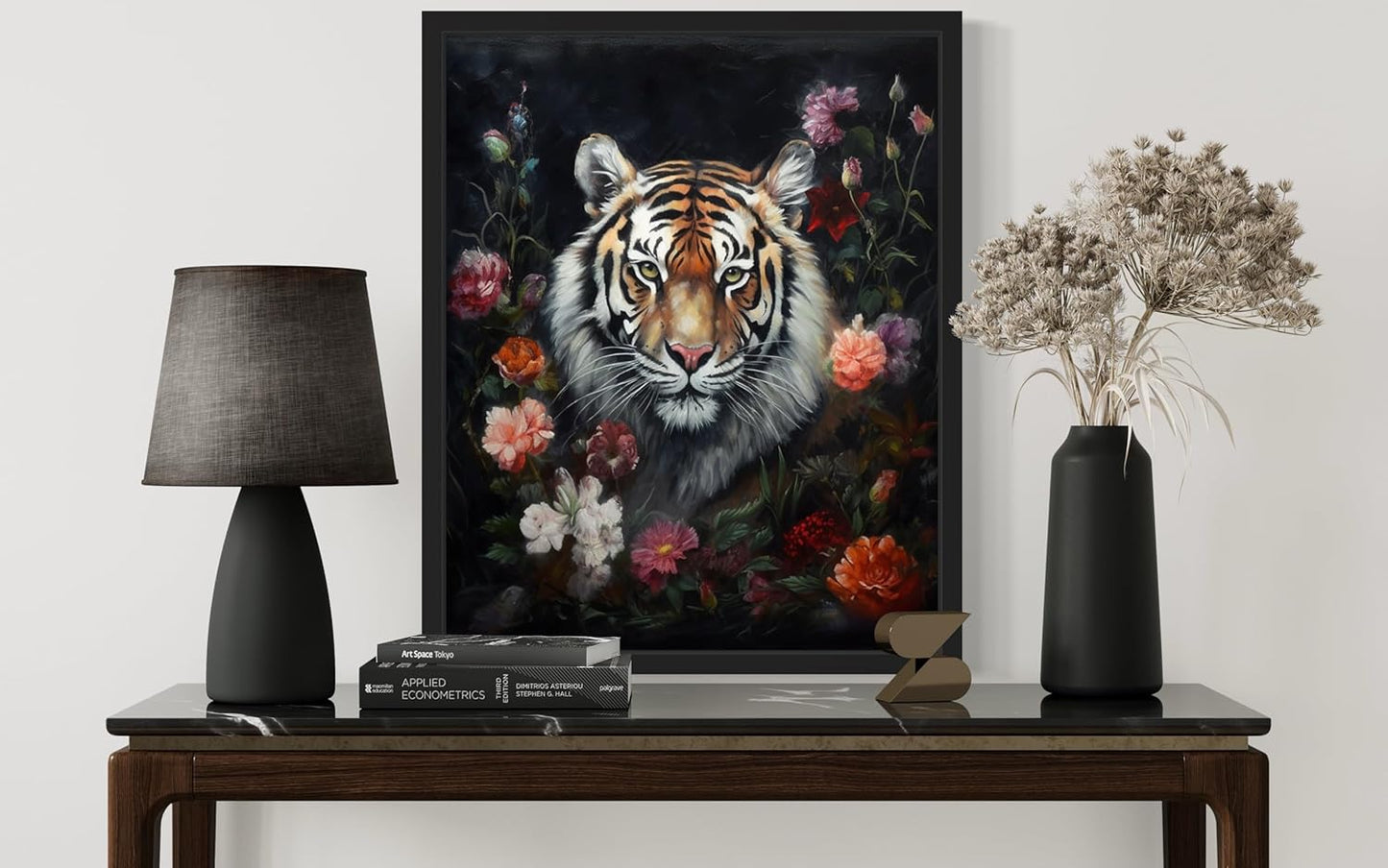 Tiger and Flower Poster Art Print, Halloween Scary Vintage Wall Art Academia Spooky Painting Decoration for Horror Prints, Gothic Posters Bedroom Decor 89 (Tiger and Flower, 16 x 20 inches, Black Frame)