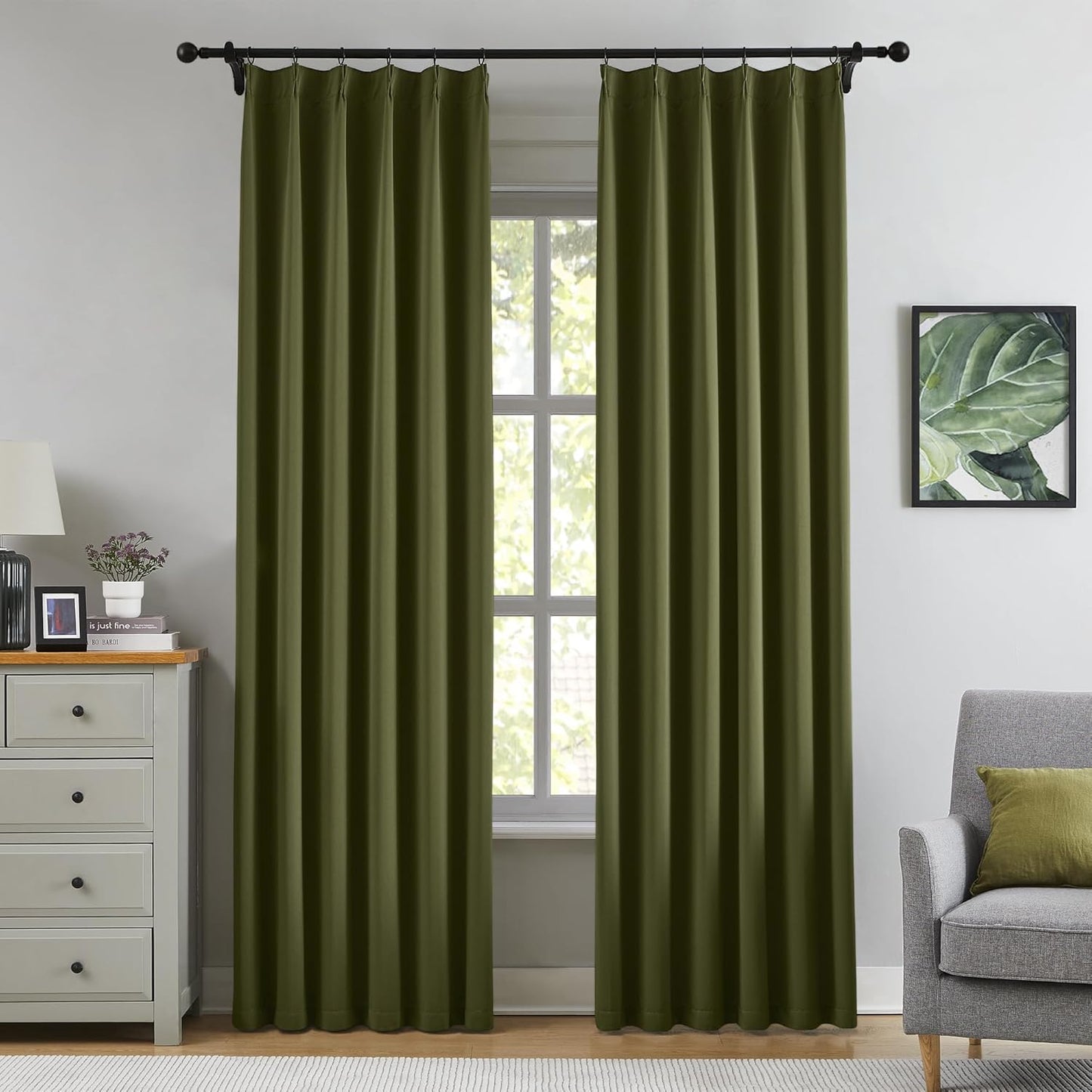 KangBang Olive Green Curtains 84 Inch Length 2 Panels Set, Blackout Pinch Pleated Noise Canceling Curtains & Drapes with Hooks Track System, Thermal Insulated Elegant Modern Decor, W40xL84
