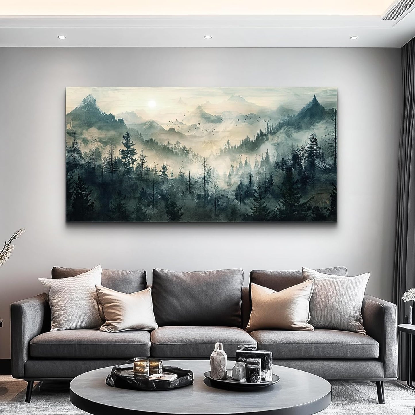KELIYUAN Misty Forest Wall Art Home Decor Mountain View Large Canvas Wall Painting Nature Landscape Painting For Living Room Bedroom Office Modern Printed Artwork Can Be Hung Directly 24x48 Inches
