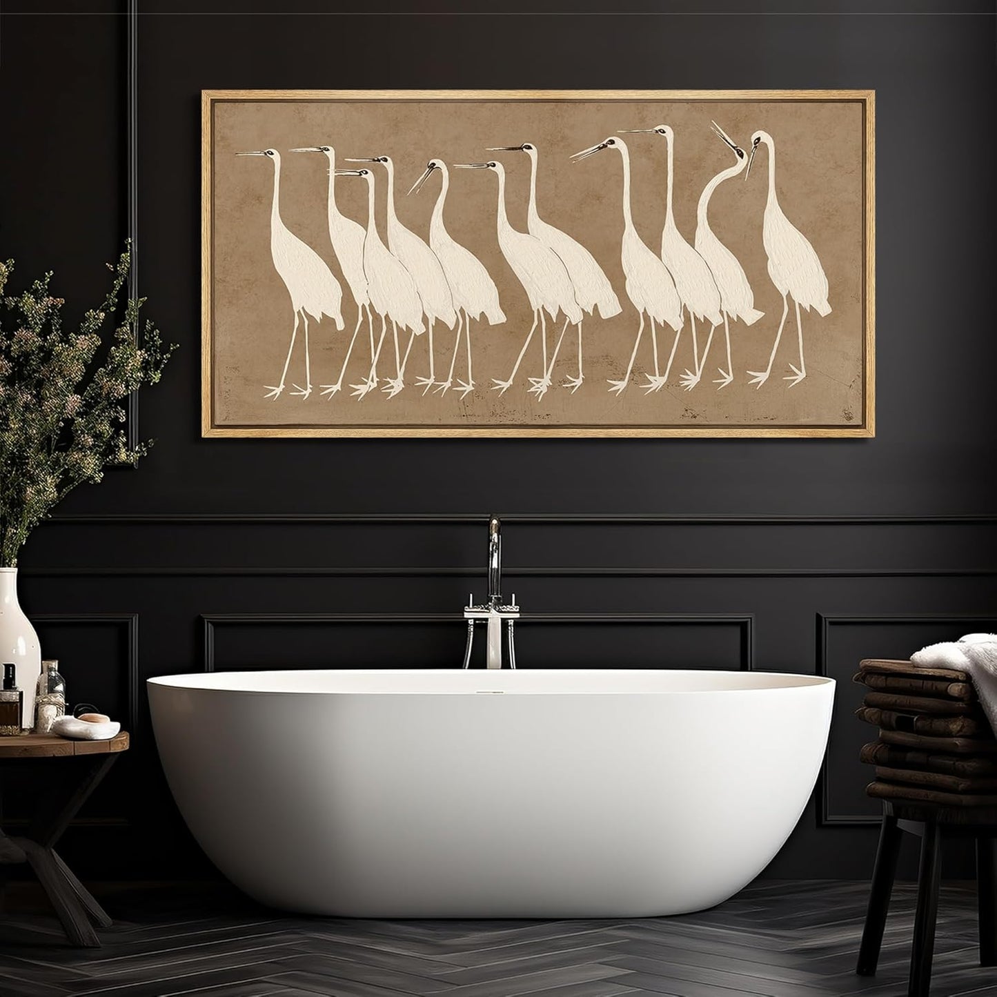 MUDECOR Extra Large Framed Canvas Print Wall Art Minimalist White Cranes on Beige Background Antique Retro Fine Art Illustrations Decorative Colorful for Bedroom - 60"x30"