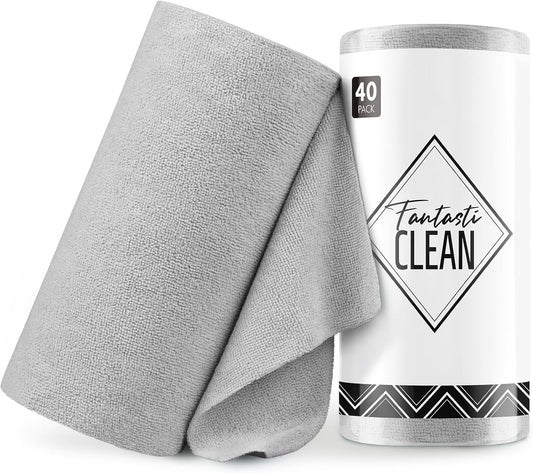 Fantasticlean Microfiber Cleaning Cloth Roll -40 Pack, Tear Away Microfiber Towels, 12" x 12", Reusable, Washable, Scratch Free, Ultra Absorbent Dish Rags for Car, Home, Garage or Shop (Grey)