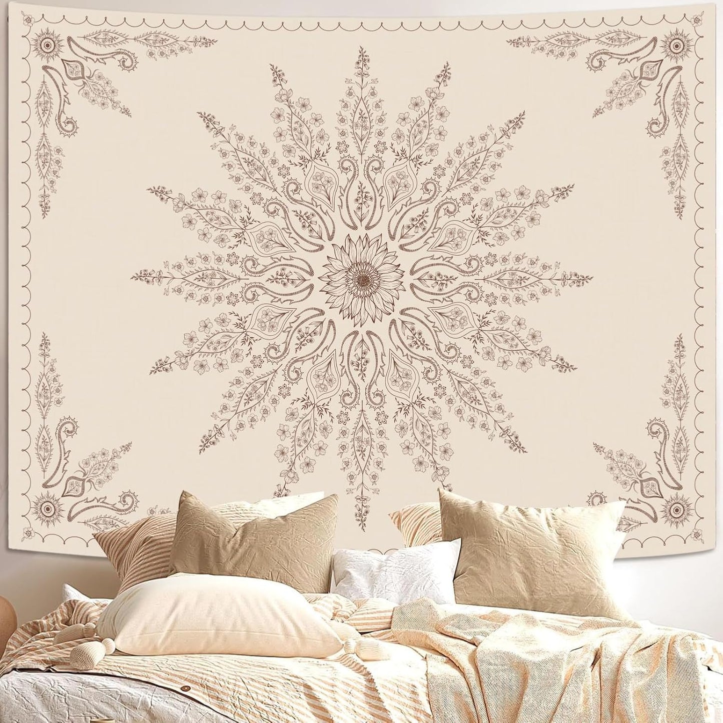 Fowocu Boho Floral Mandala Tapestry for Bedroom Aesthetic Bohemian Flower Wall Tapestry Beige Hippie Indian Small Tapestries Wall Hanging for Living Room Dorm Decor 48 x 36 Inch