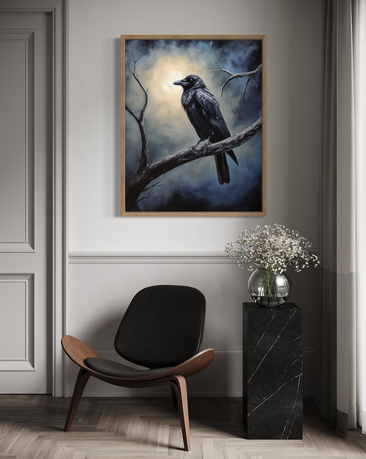 Crow under the Moonlight Poster Art Print, Halloween Scary Vintage Wall Art Academia Spooky Painting Decoration for Horror Prints, Gothic Posters Bedroom Decor 89 (Crow under the Moonlight, 11 x 14 inches, Wood Frame)