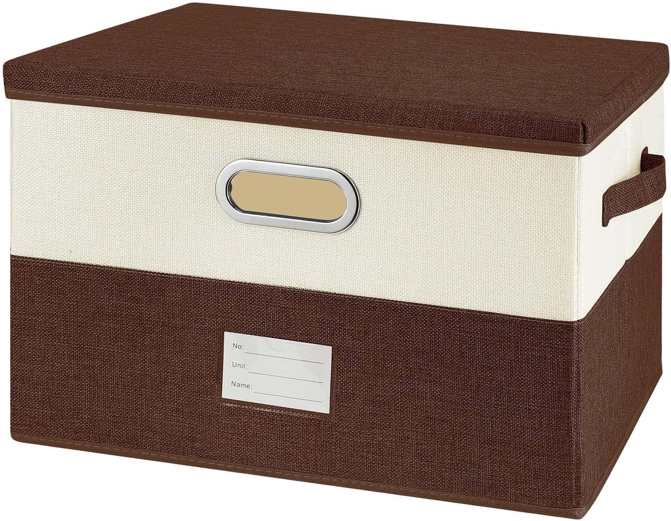 Large Linen Fabric Foldable Storage Bins with Removable Lid and Handles, Washable Storage Box Organizer Containers Baskets Cube with Cover for Bedroom,Closet,Office(Coffee&Cream, Large)