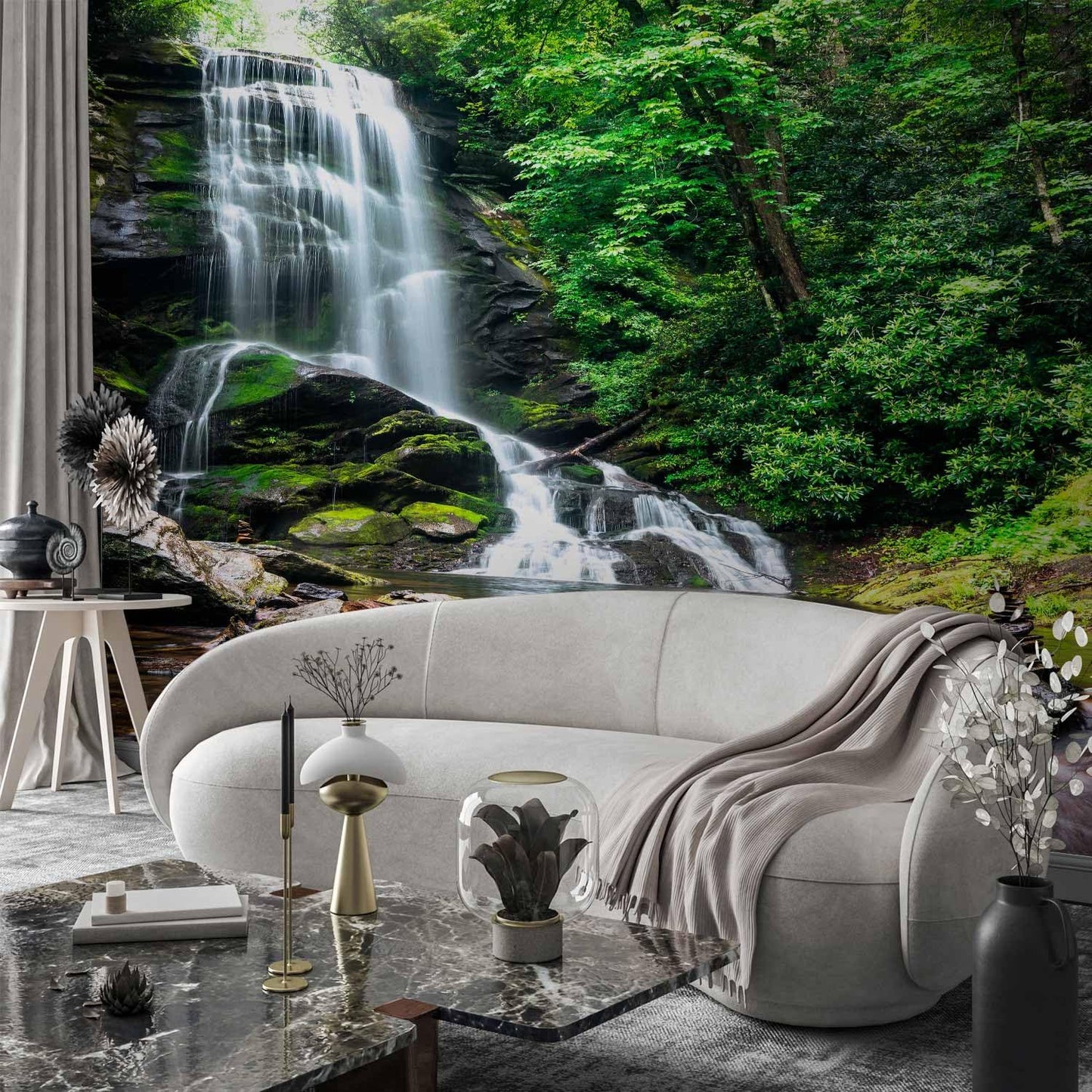 artgeist Wall Mural Waterfall 216x98 in - XXL Non-Woven Corner Wallpaper Fleece Angle Wall Decor Photo Print Picture Image Design Modern Nature Landscape Forest Green Tree c-B-0473-a-a