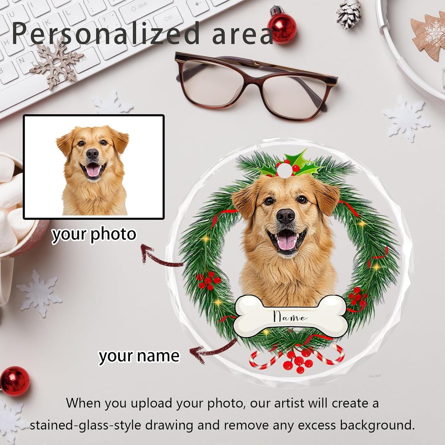 Personalized Christmas Ornaments, Custom Glass Ornament with Photo,Customized Christmas Tree Decor Gifts for Pet, Wreath Bone