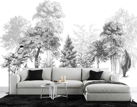 Black and White Oil Painting Forest Wall Mural Wallpaper for Bedroom 137" x 100"