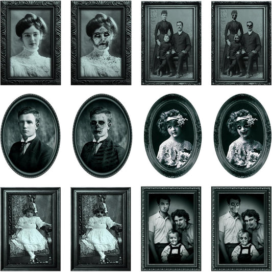 6 Pack Halloween Decoration 3D Changing Face Moving Gothic Horror Picture Frames Portrait, Waterproof, Full adhesive backing, Spooky Halloween Wall Decor For Haunted Mansion Castle Masquerade Party