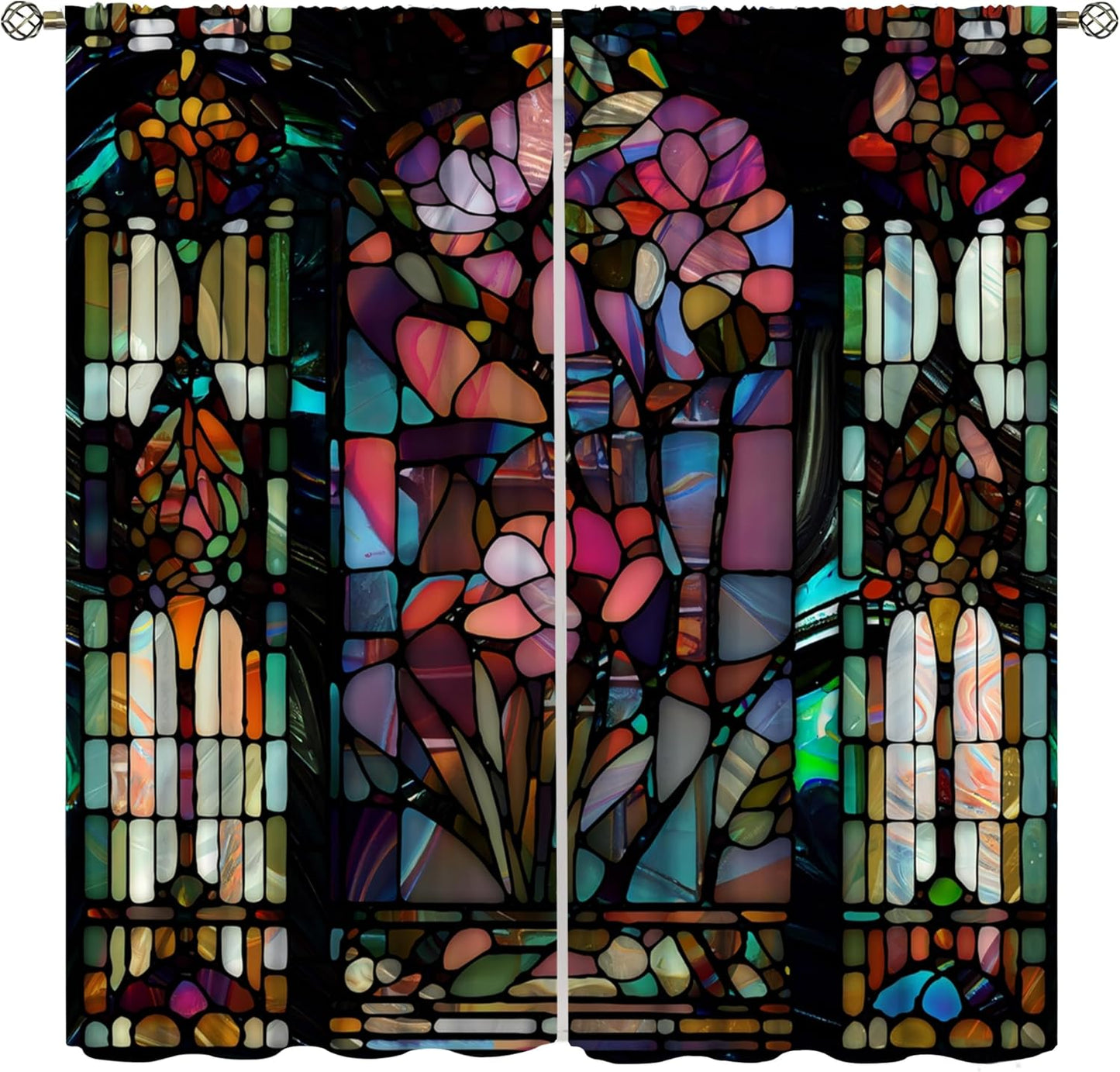 Stained Glass Curtains,Vintage Colorful Abstract Art Home Decor Drapes for Bedroom Living Room Kitchen Window Treatment 2 Panels Set Total Size 55" W X 63" L Inch