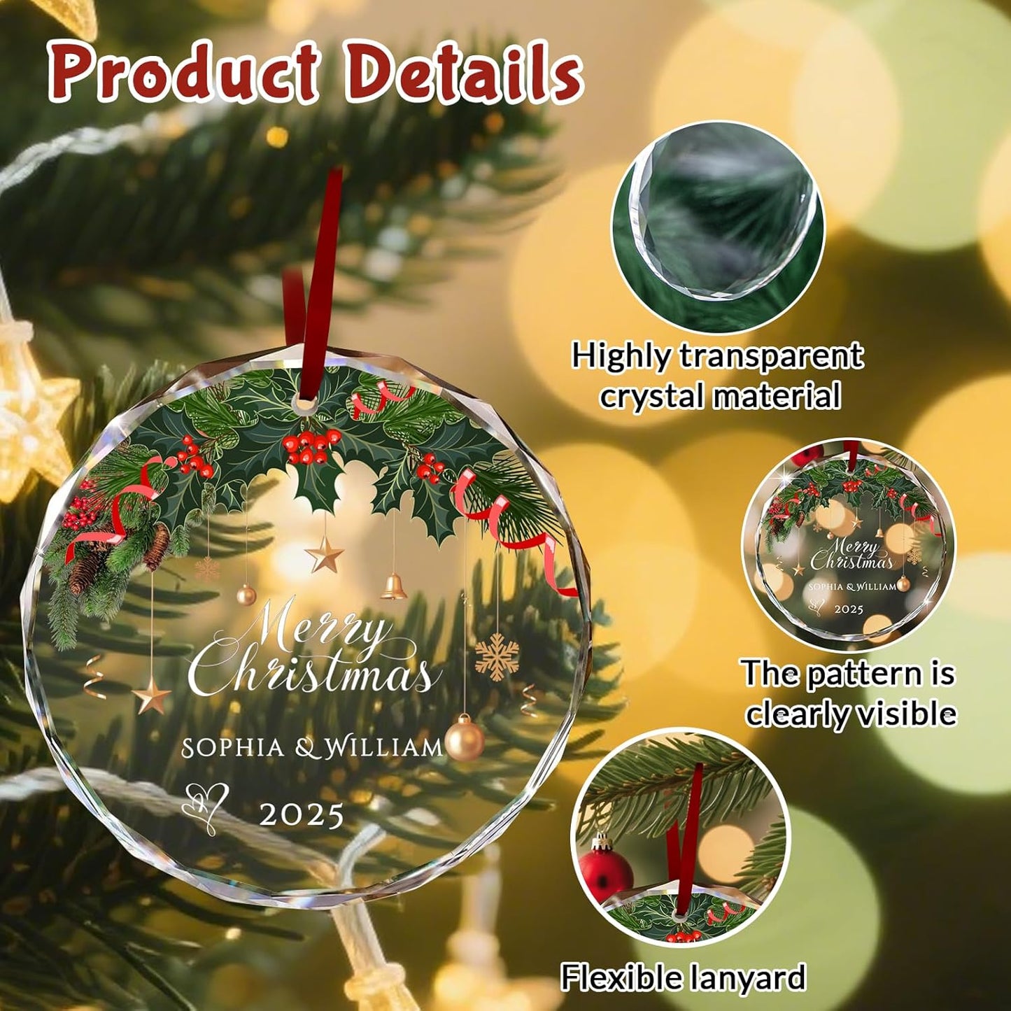 Custom Christmas Ornament Glass-Personalized Christmas Ornaments with Photo/Name/Date/Text,Wedding Christmas Birthday Baby Gifts (Color 6)