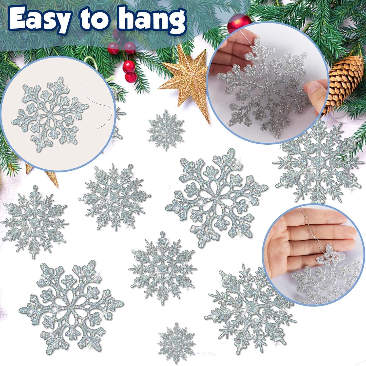 36pcs Iridescent Silver Christmas Snowflake Ornaments, Plastic Sparkling Glitter Hanging Snow Flakes for Christmas Tree Decorations Winter Wonderland Frozen Birthday Party Holiday Home Decor