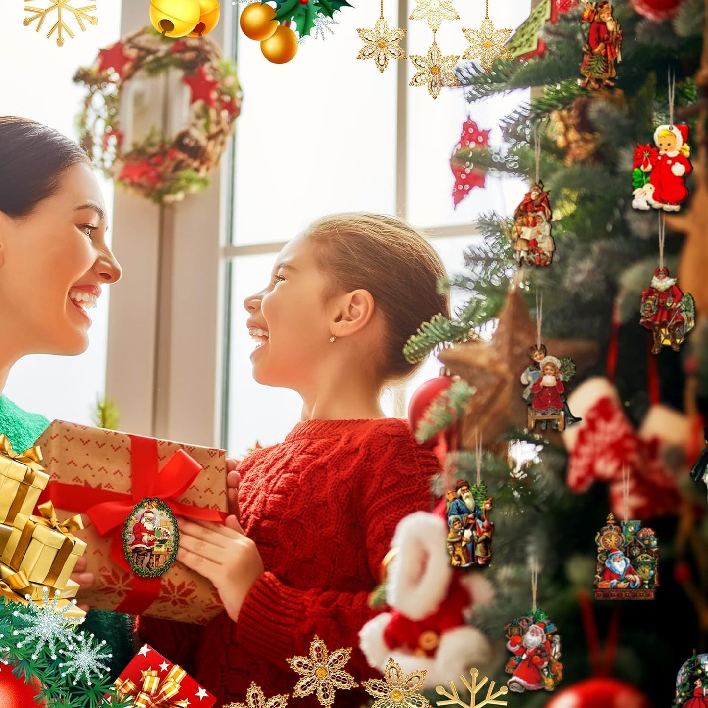 48 Pcs Vintage Wood Ornaments - Victorian Style Santa Claus, Snowman & Retro Decor for Christmas Trees