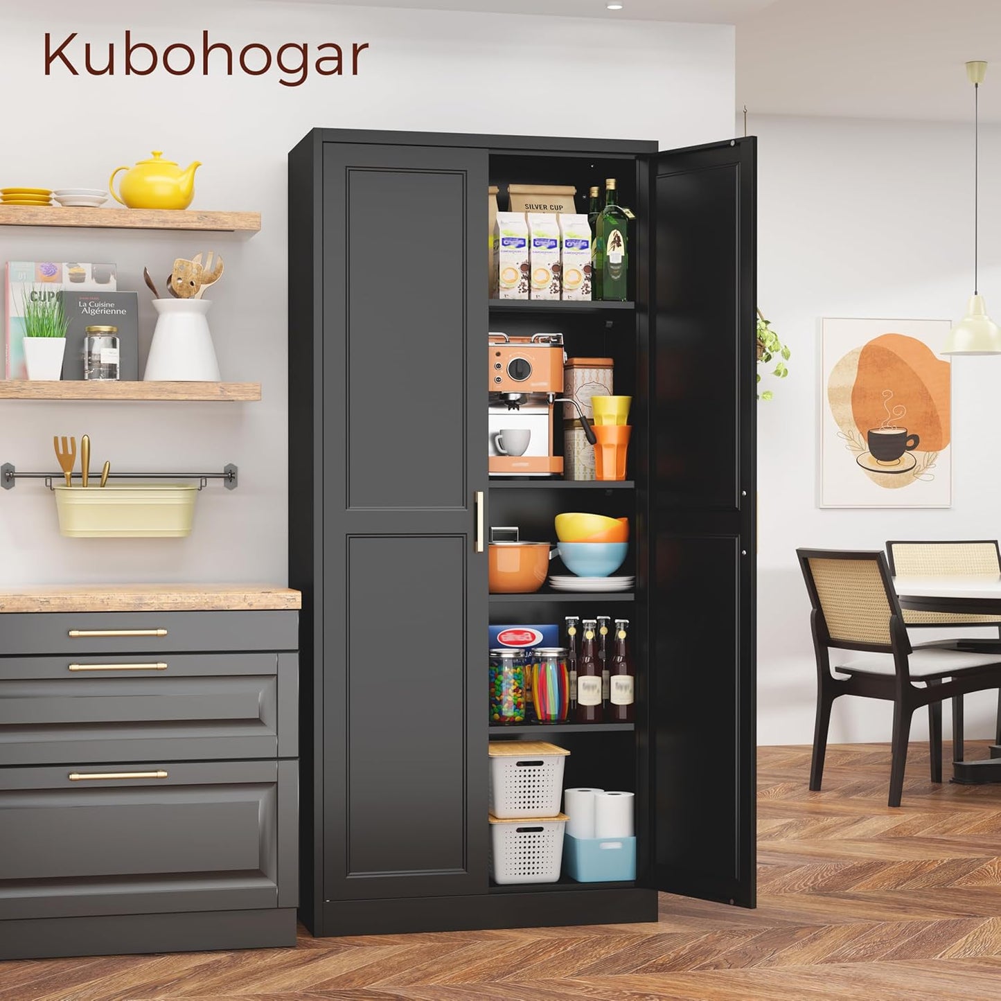71" Tall Metal Pantry Cabinet, Black Kitchen Pantry Storage Cabinet with 4 Adjustable Shelves and Gold Handles, Cupboard for Kitchen, Dining Room, Living Room, Bathroom
