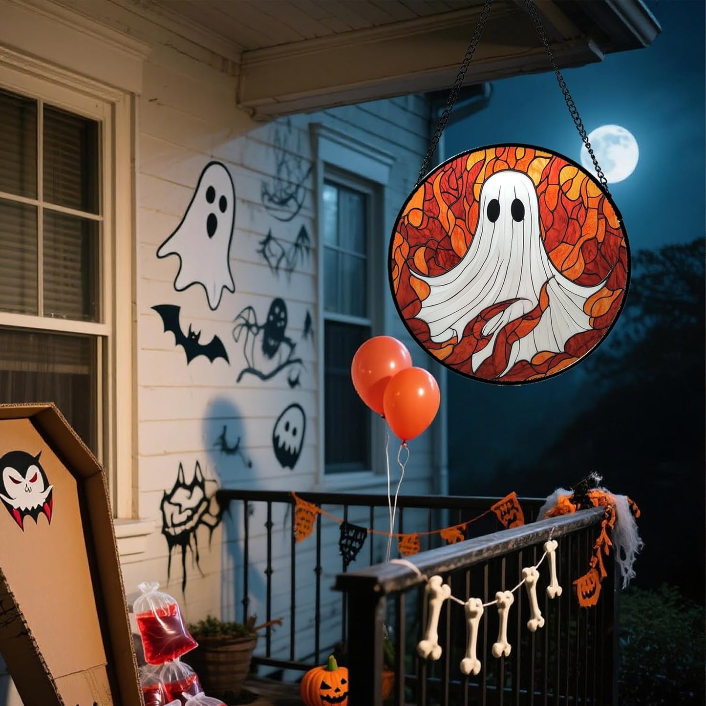 Stained Glass Window Hanging - Halloween Decorations White Ghost Orange Sky Suncatcher for Doors Garden Funny Spooky Sun Catchers Gothic Decor Horror Gifts for Women Men Friend Boy 11.8 in