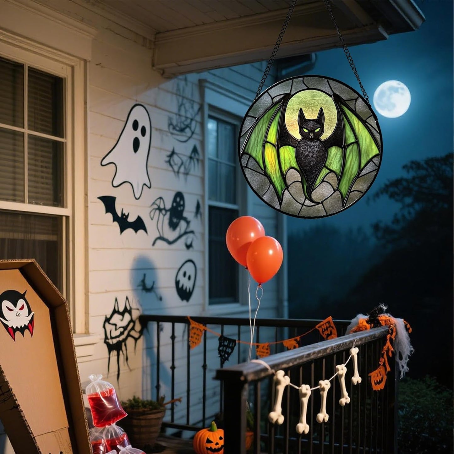 Stained Glass Window Hanging - Halloween Black Bat Green Wings Monster Suncatcher for Doors Garden Home Spooky Sun Catchers Gothic Decor Horror Gift for Women Men Friend Boy Girl 11.8 in