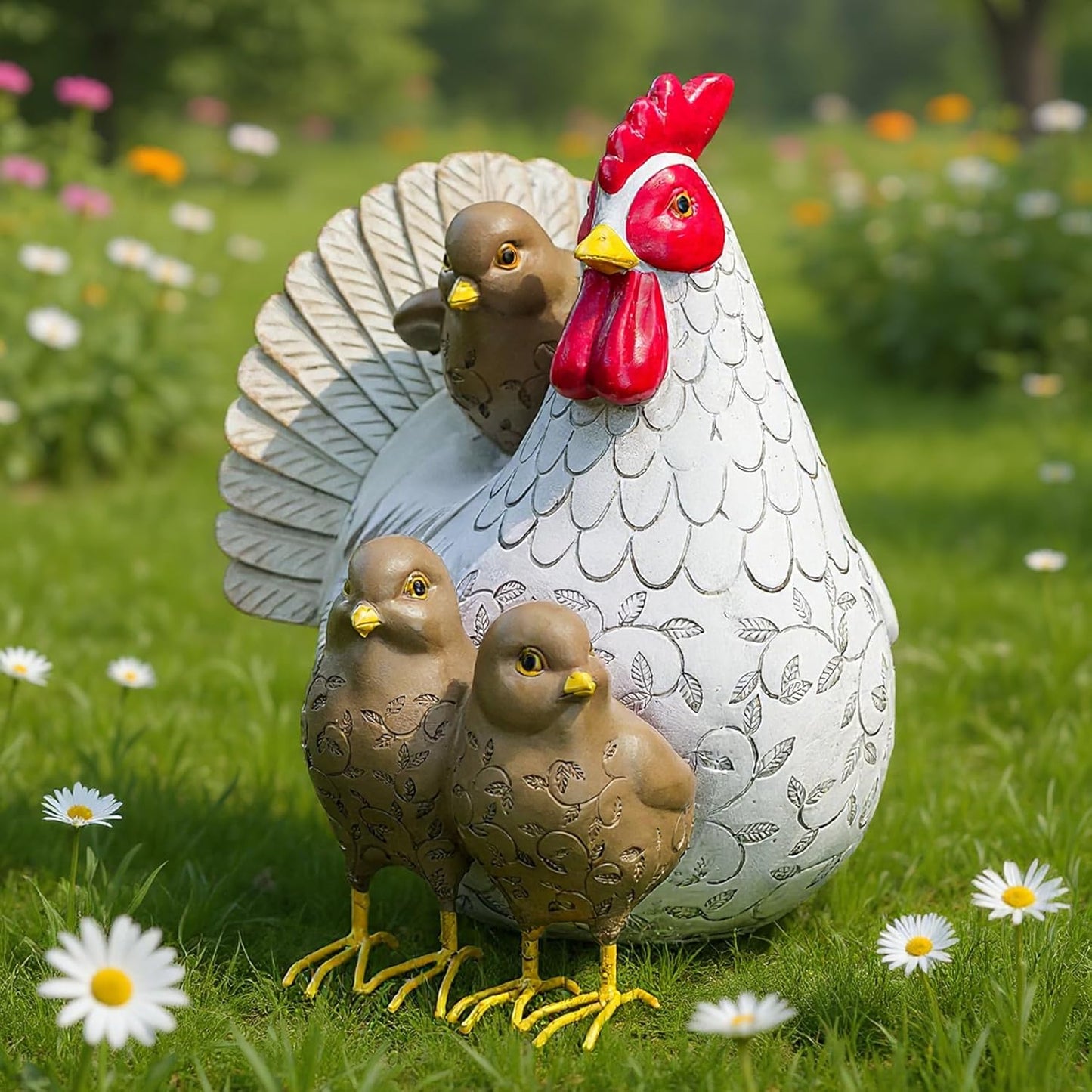 Elenon Chicken Outdoor Garden Statue Decorative, Adorable Flower Bed Rooster Outdoor Statue, Funny Yard Patio Art Decor Sculptures Table Ornament