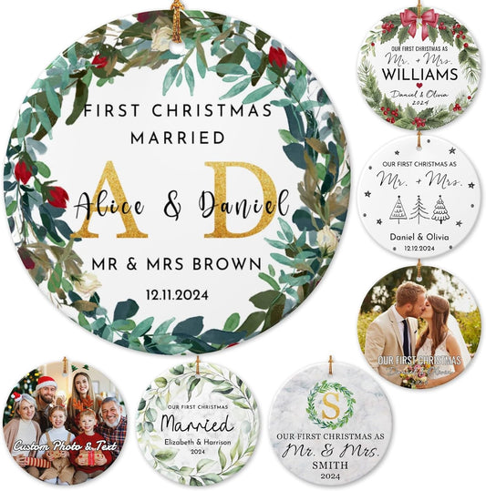 Personalized First Christmas Married Ornament 2025 Custom Mr and Mrs Wedding Christmas Ornaments with Name Date for Couples,Double-Sided Ceramic Customized Engagement Ornament