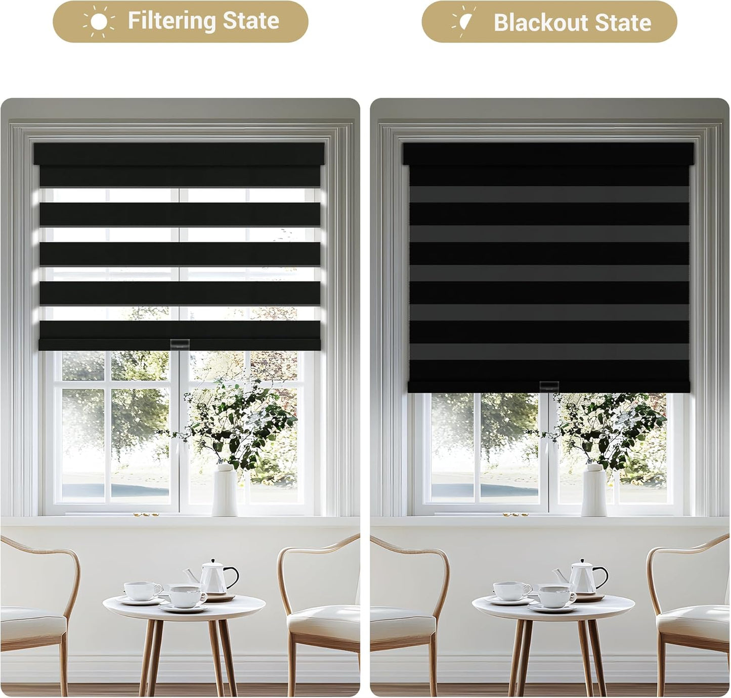 Cordless Zebra Blinds for Windows, Blackout Interior Blinds,Easy to Install,UV Protection,for Offices and Home,Custom Roller Shades, Solid Black, 56" W x 56" H