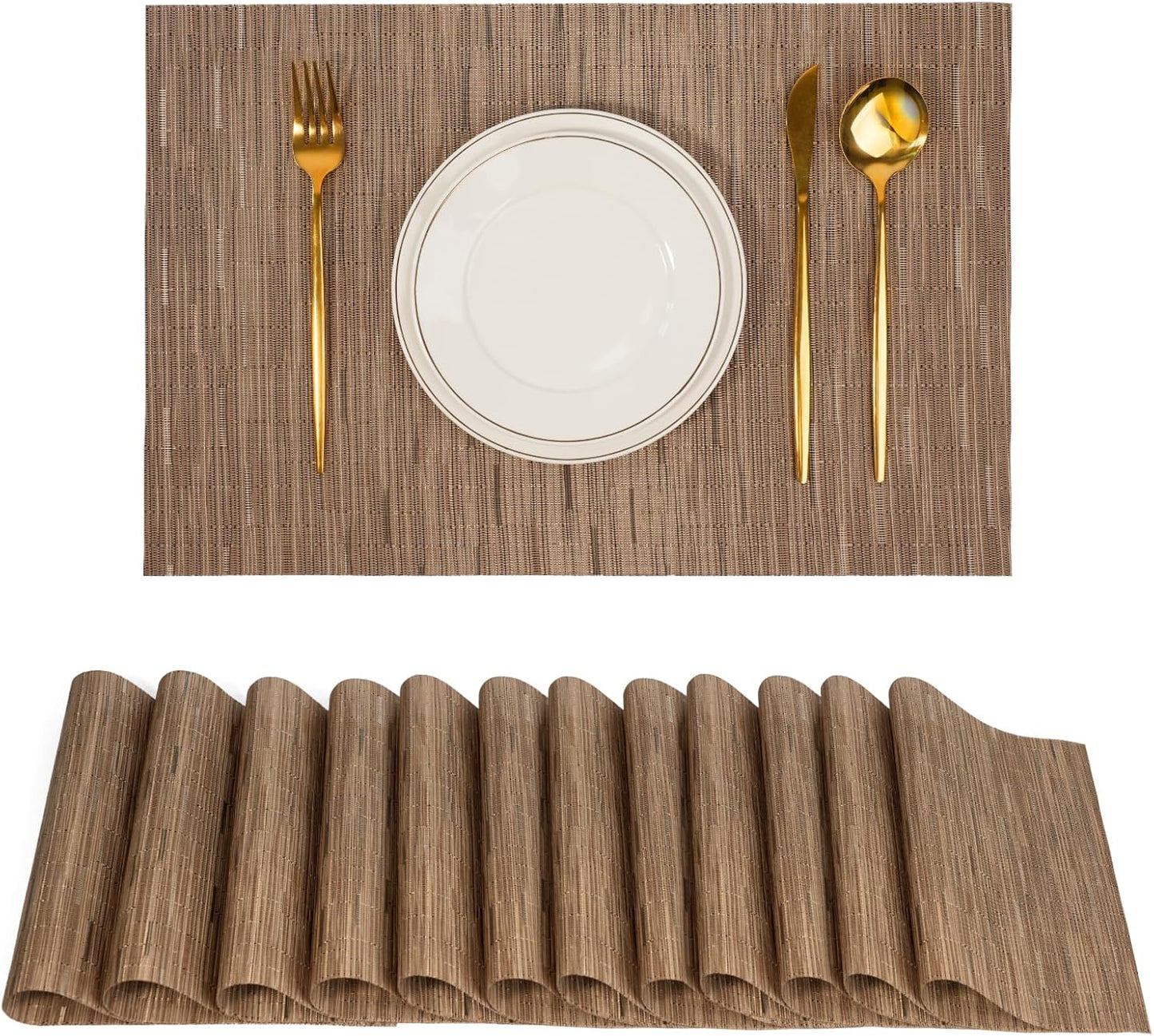 Placemats Set of 12，Non-Slip PVC Weave Table Mats Easy to Clean，Heat Resistant Place Mats for Kitchen Dining Table Decoration Indoor Outdoor，Light Brown