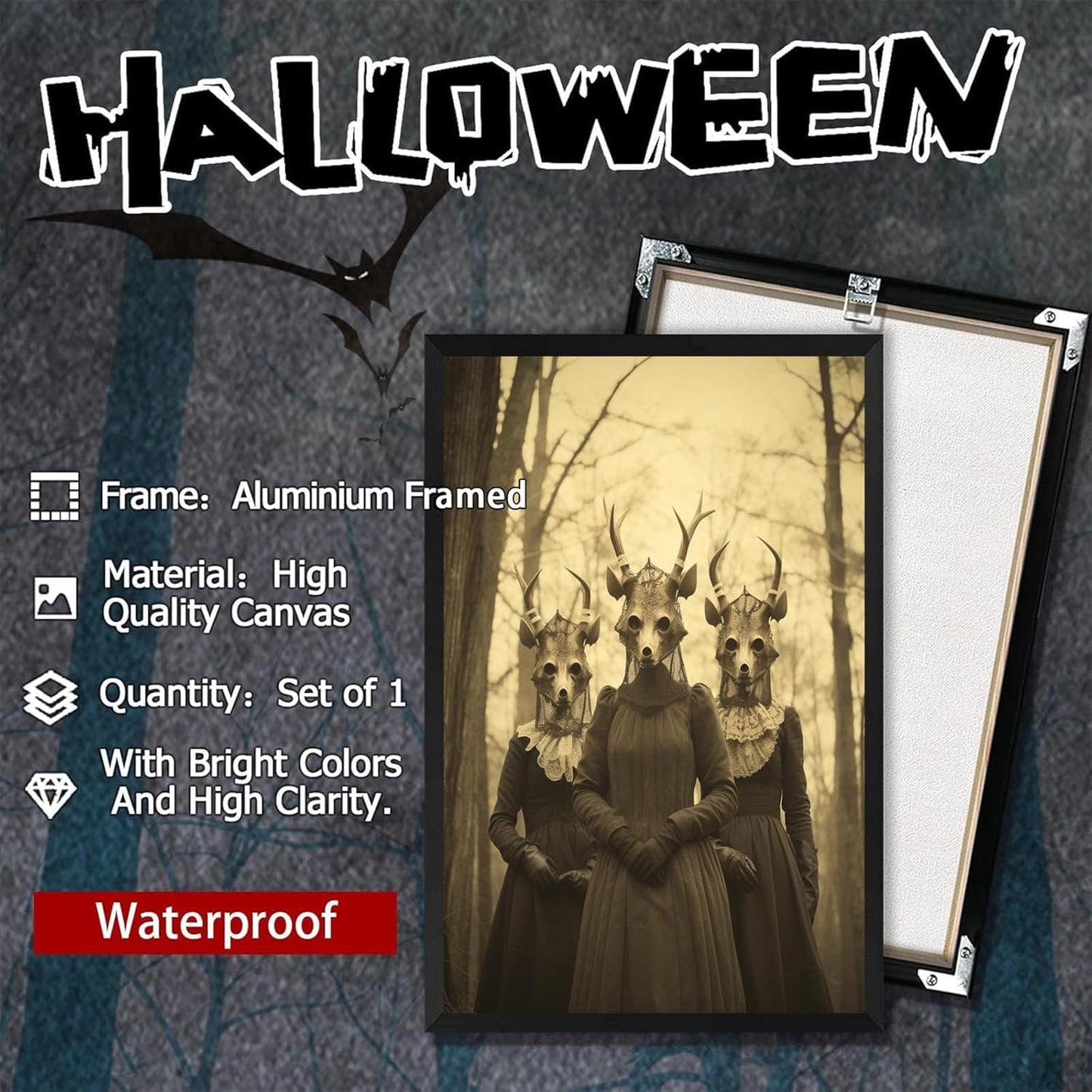 Vintage Horror Skeleton Spooky Three Skull In Occult Forest Posters Canvas Wall Art Poster Gothic Dark Academia Decor Creepy Print Retro Halloween Wall Decor 16X24inch Aluminum Framed