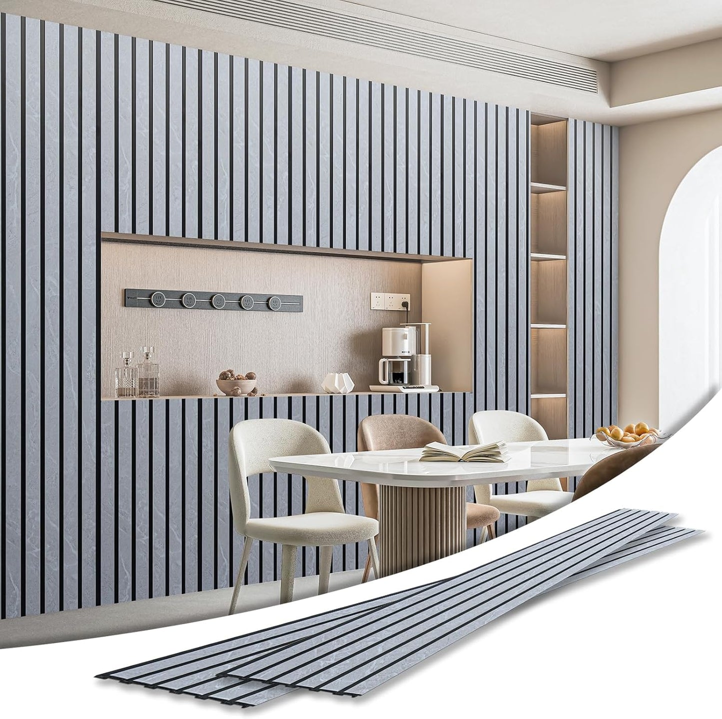 Art3d 4-Pack Glue-On Six-Grid Wainscoting Panel for Interior Wall Decor - 104 x 12 Inch Polystyrene Ultralight Slim Slat Wall Panels for Living Room Bedroom, Slate