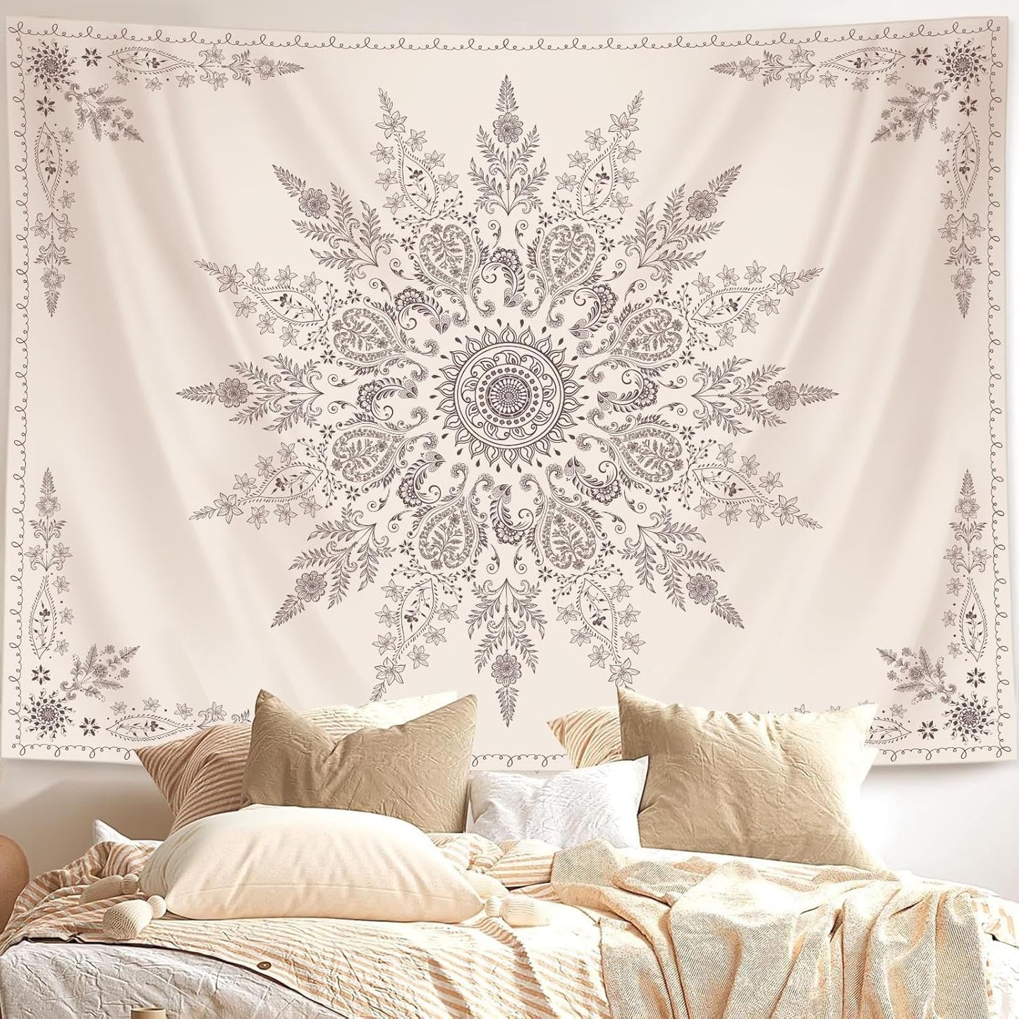 Lunerfex Boho Floral Tapestry Mandala Wall Tapestry, Cute Tapestries for Bedroom Beige Flower Tapestries Wall Hanging for Bedroom Living Room Decor Beige-2 70"x90"