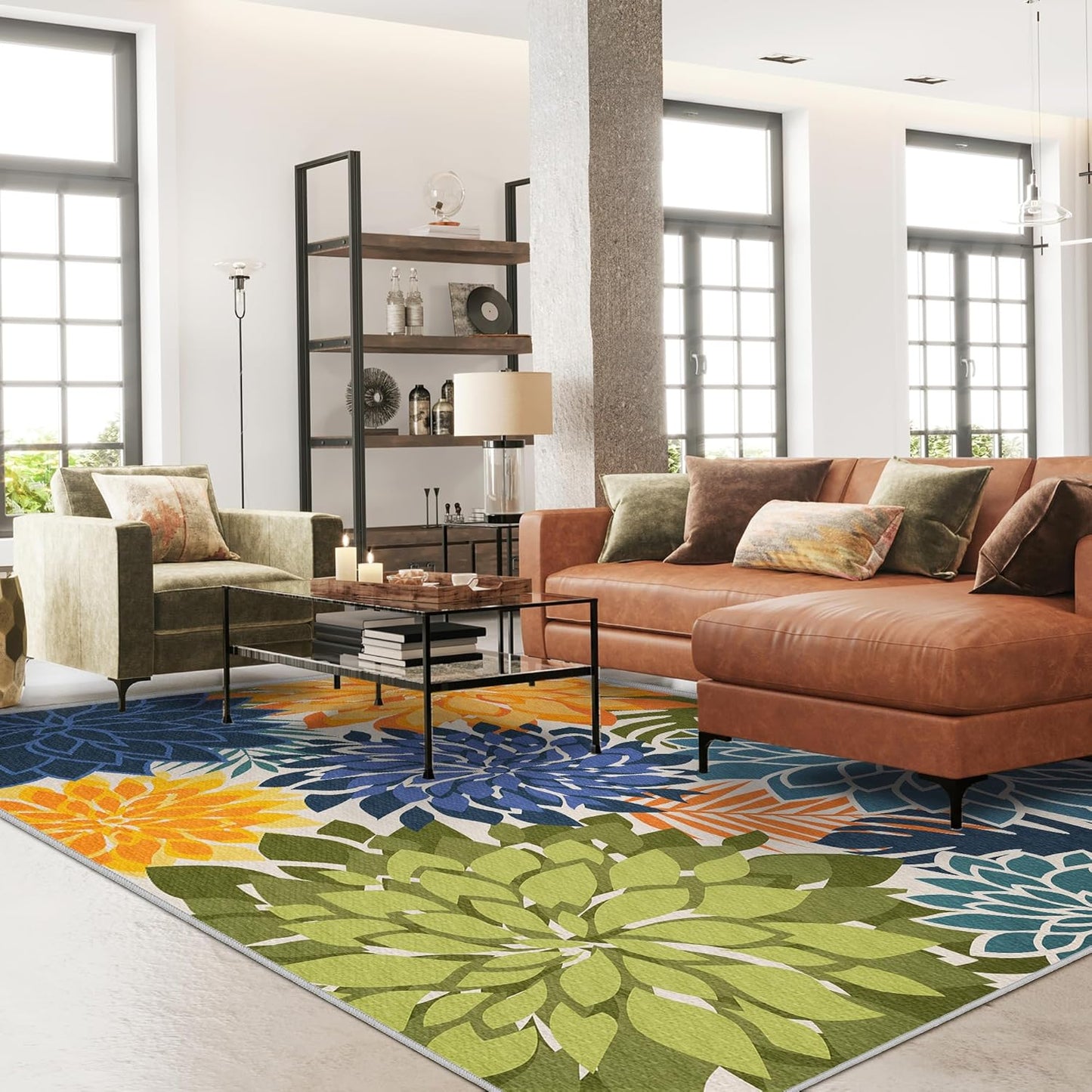 Indoor Outdoor Area Rug Washable Multicolored Patio Rug Tropical Botanical Modern Floral Indoor Outdoor Carpet Non Slip Yellow Green Rug Non Shedding for Patio, Deck, Backyard, Porch (8x10)