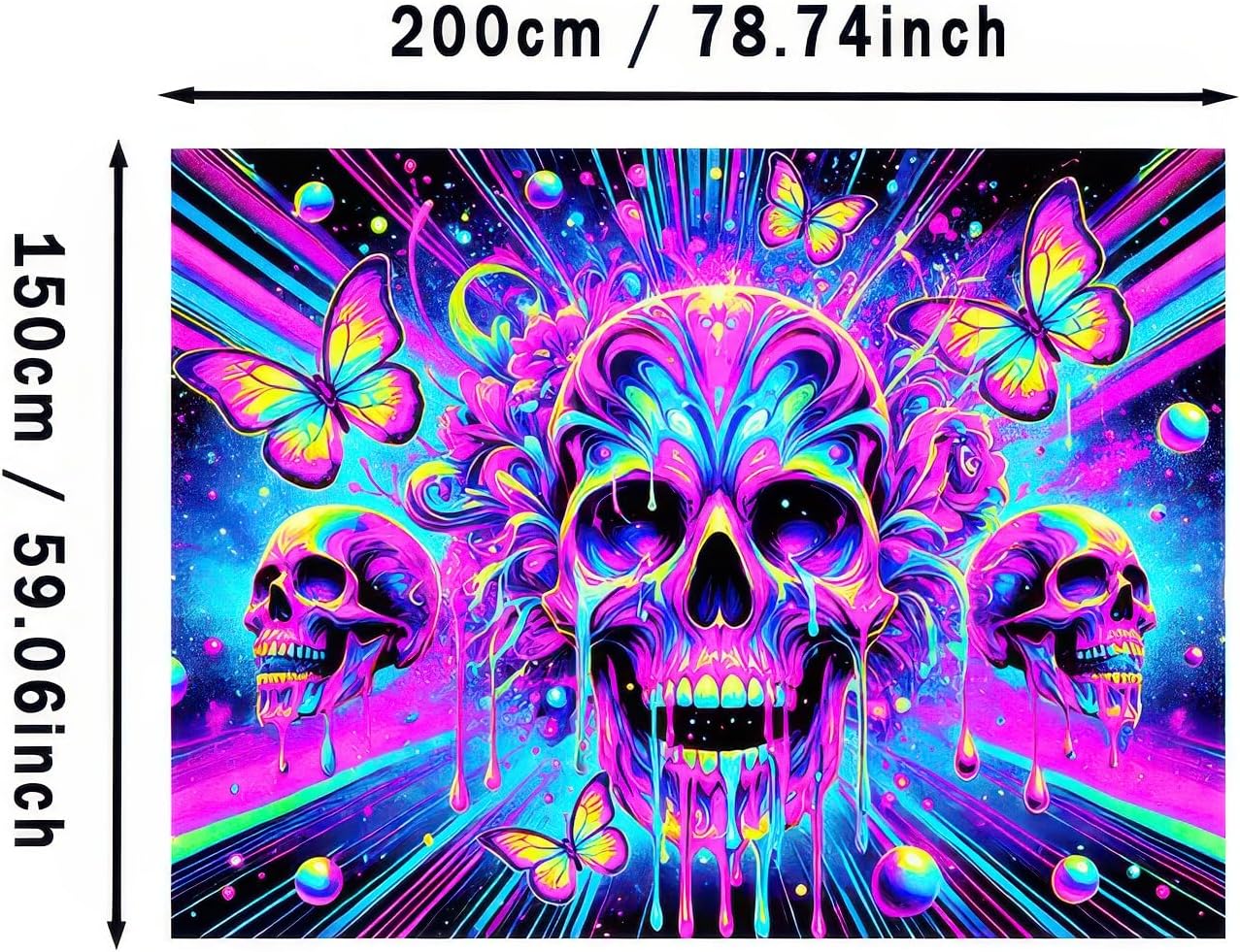 BlissYard Blacklight Skull Butterfly Tapestry 78x59 Inch UV Reactive Wall Art for Bedroom Living Room Decor