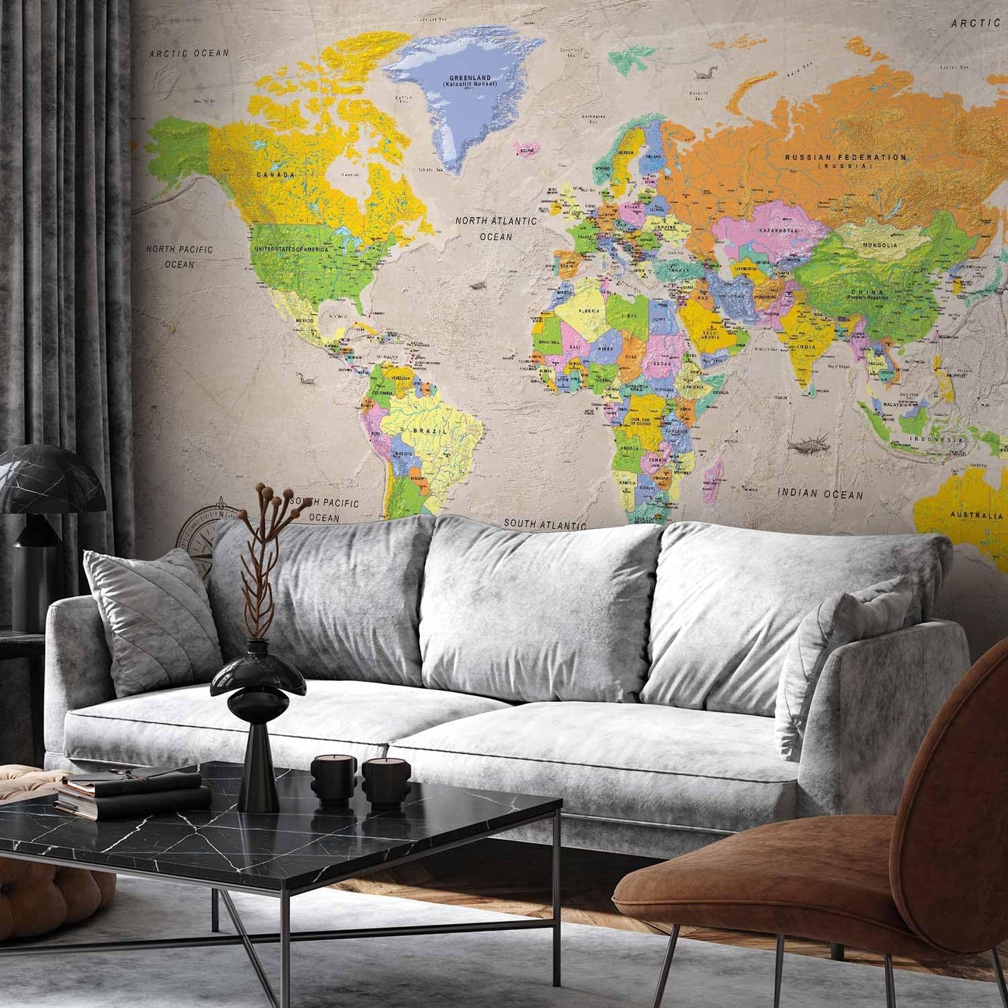 artgeist Premium Wall Mural World Map 177x124 in - XXL Non-Woven Wallpaper Fleece Wall Decor Photo Print Picture Image Design Home Map of The World k-A-0129-a-a