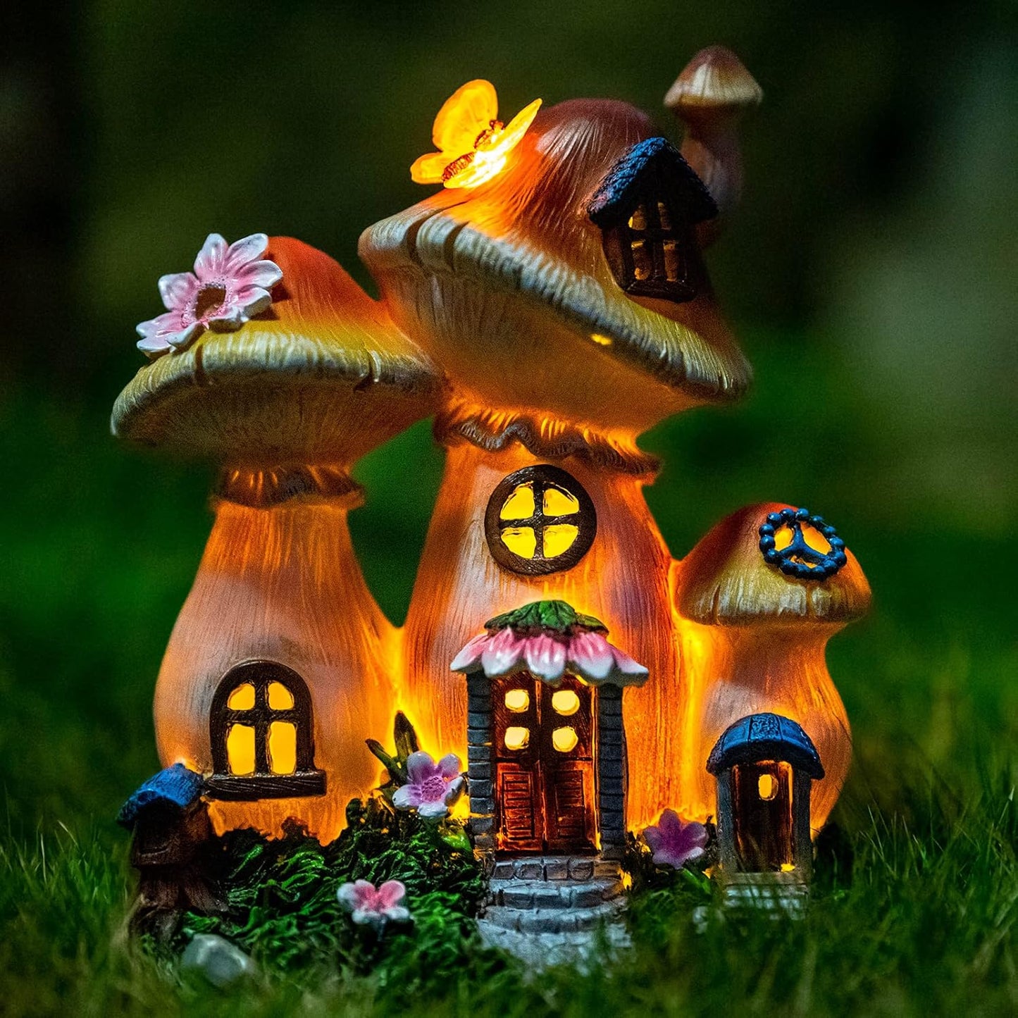 Solar Garden Statue Lights Mushroom Fairy House Figurine, Outdoor Memorial Garden Ornaments Waterproof Decoration for Outside Patio Yard Lawn Decor