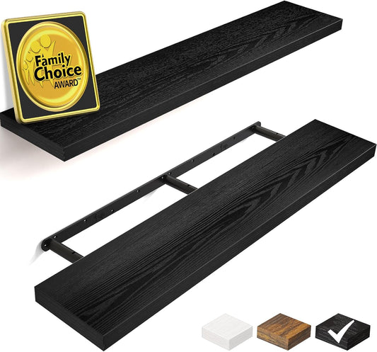 BAYKA Floating Shelves for Wall, 36 inches Long Wall Mounted Rustic Wood Shelves for Bathroom, Bedroom, Living Room, Kitchen, Office, Hanging Shelf for Books/Storage/Decor(Black,Set of 2)