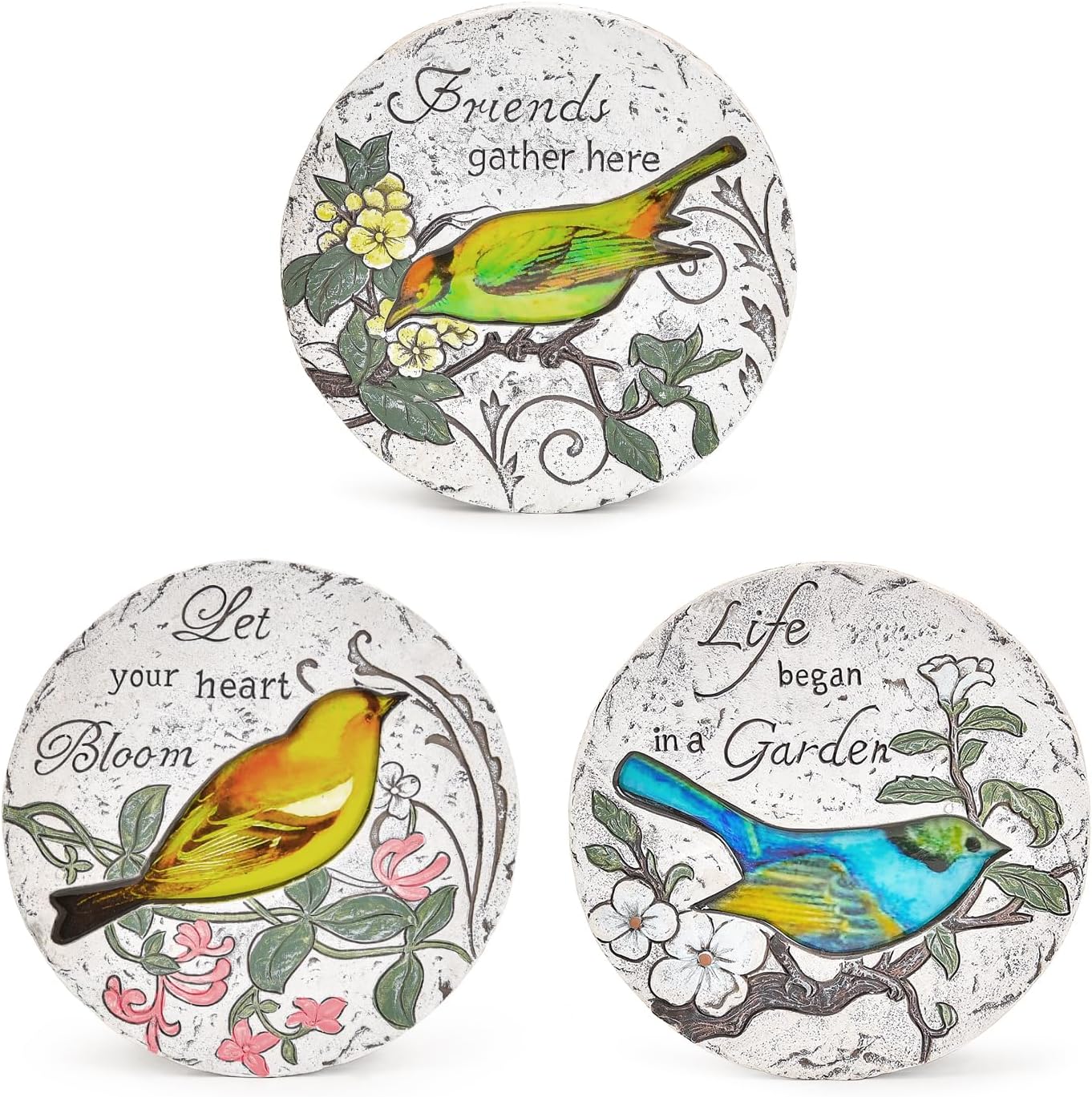 Sungmor 3PC Pretty Garden Stepping Stones, 9.5" Large Concrete Decorative Stones with Beautiful Pattern, Unique Outdoor Lawn Accents, Yard Walkway Flower Bed Wall Shelf Welcome Friends Decorations