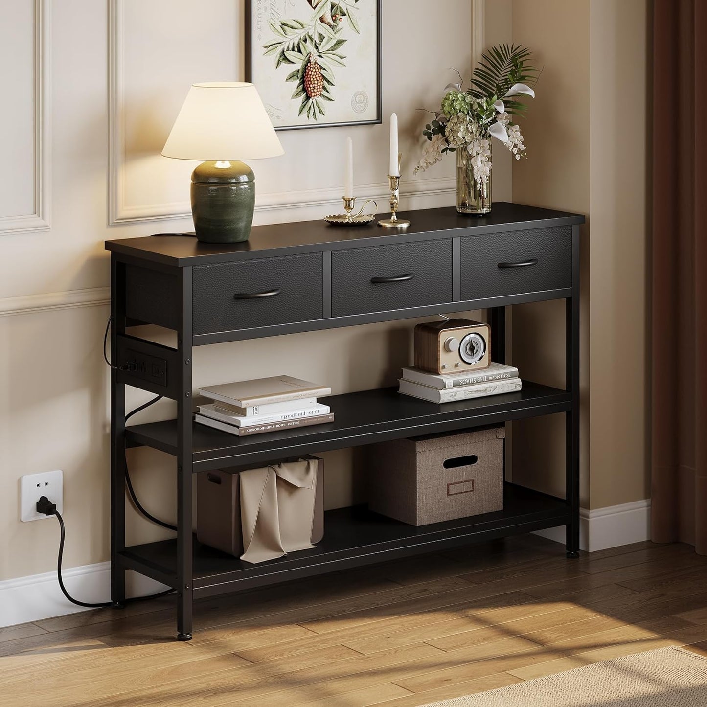 Lulive 2 Pack Entryway Table with Power Outlets, Console Table with 3 Fabric Drawers, Sofa Table for Living Room, Hallway, Couch, Foyer, Height Adjustable
