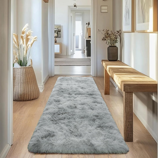 Rezutan Fluffy Rug Runners 2x6, Super Soft Grey Tie-Dyed Bedside Runner Rug for Bedroom Girls, Non-Slip Hallway Decor