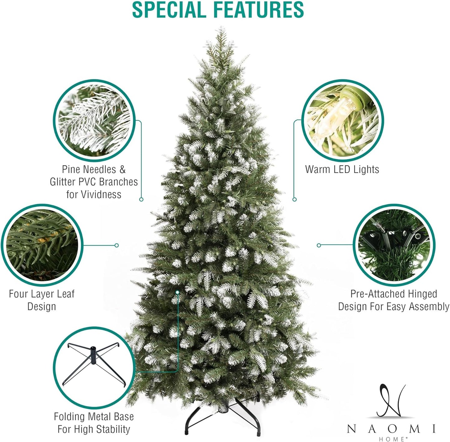 Naomi Home 7.5ft White Tip Christmas Tree with Lights, Realistic Light Snow Flocked Fir Prelit with 1746 Branch Tips, 550 Warm Lights and Metal Stand, Aritificial Tree