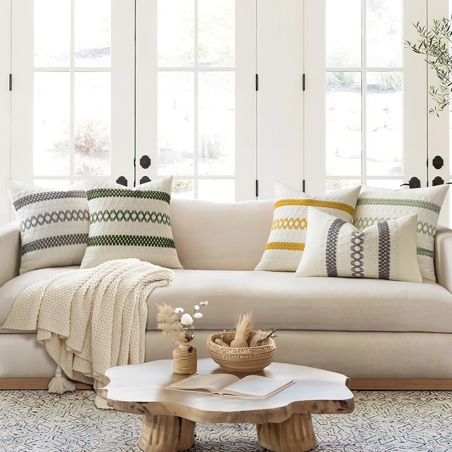 MIULEE Set of 2 Moss Green Boho Decorative Pillow Covers 20x20 Inch Farmhouse Rustic Couch Throw Pillows Modern Summer Cotton Cushion Covers Retro Cute Macrame Woven Home Decor for Bed Sofa Chair