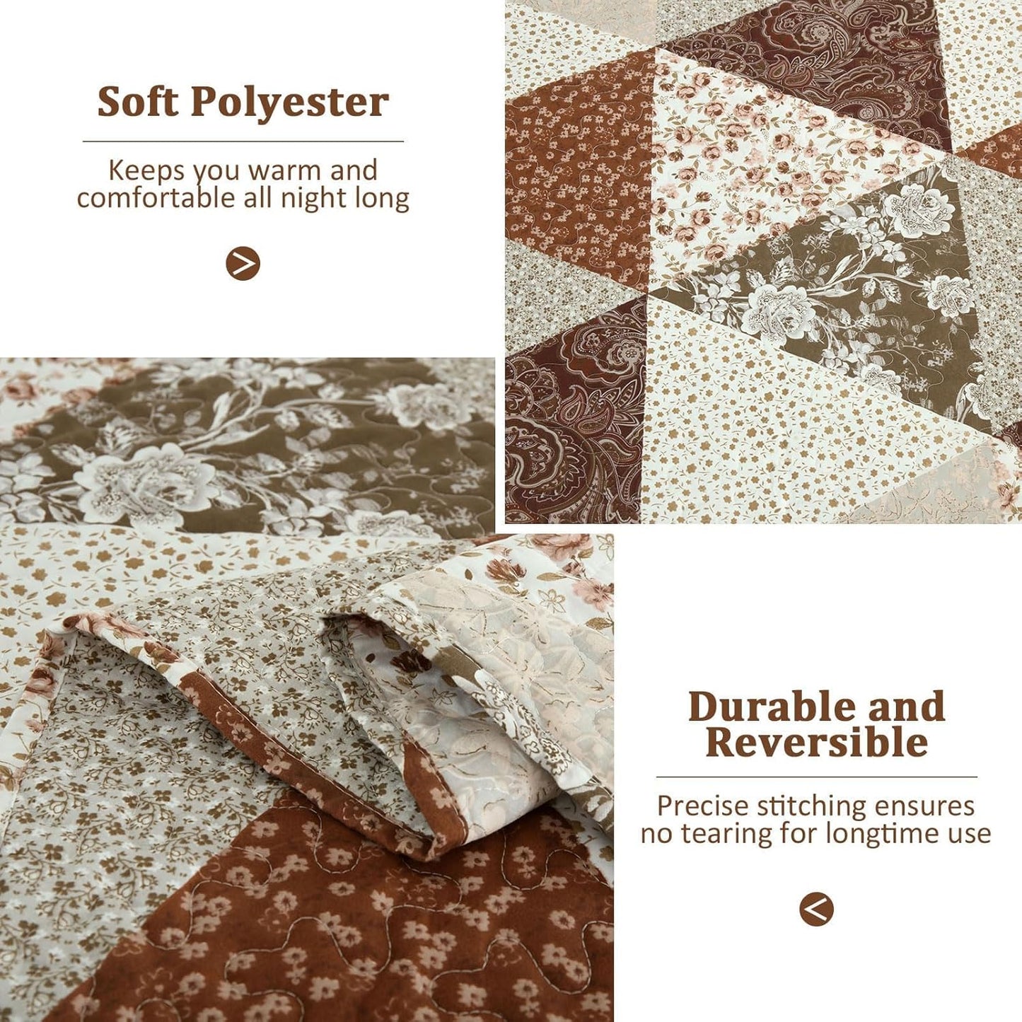 Dobuyly Fall King Size Bedspread, Brown Floral Triangle Patchwork King Size Quilt Fall Bedding Set, Soft Lightweight Microfiber Coverlet Set (1 Quilt, 2 Pillow Shams)