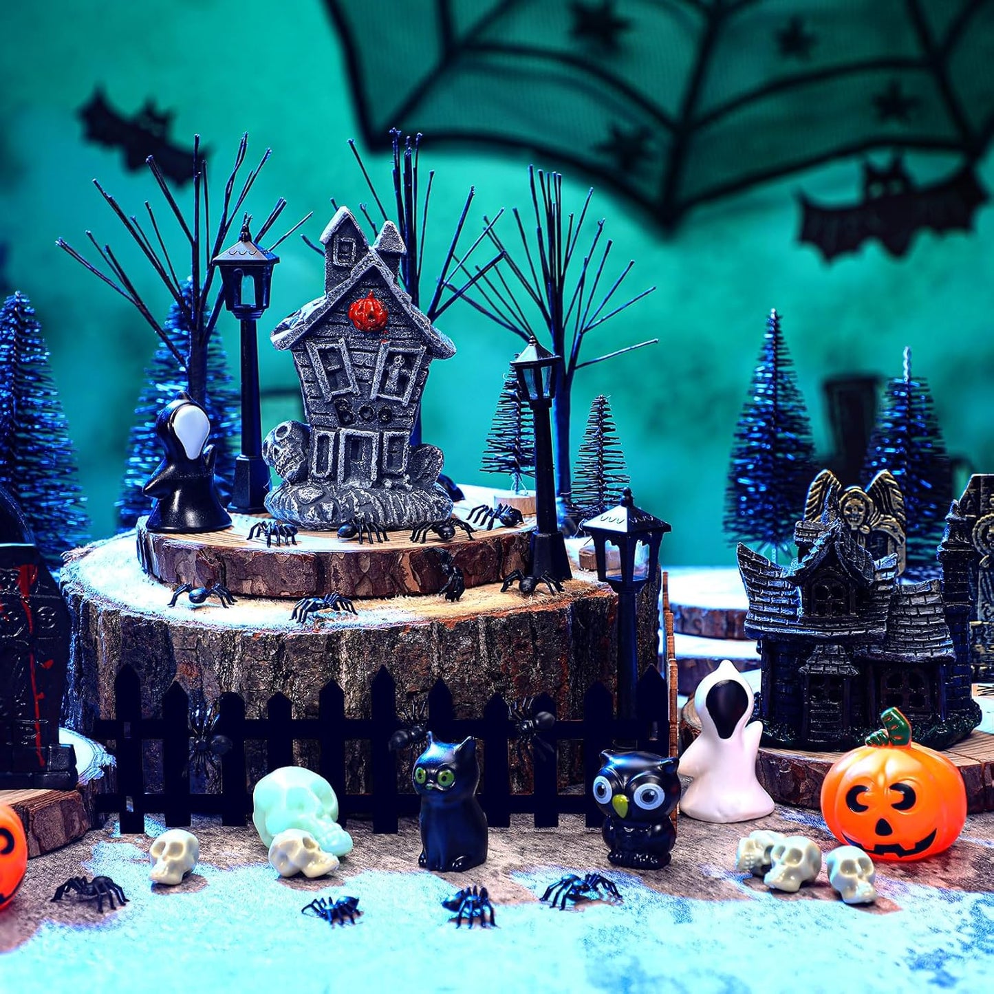 56 Pcs Halloween Village Accessories Set Halloween Haunted House Village Set Miniature Tombstones Tree Fake Spiders Fence Streetlamp Figurines for Home Table Party Decor