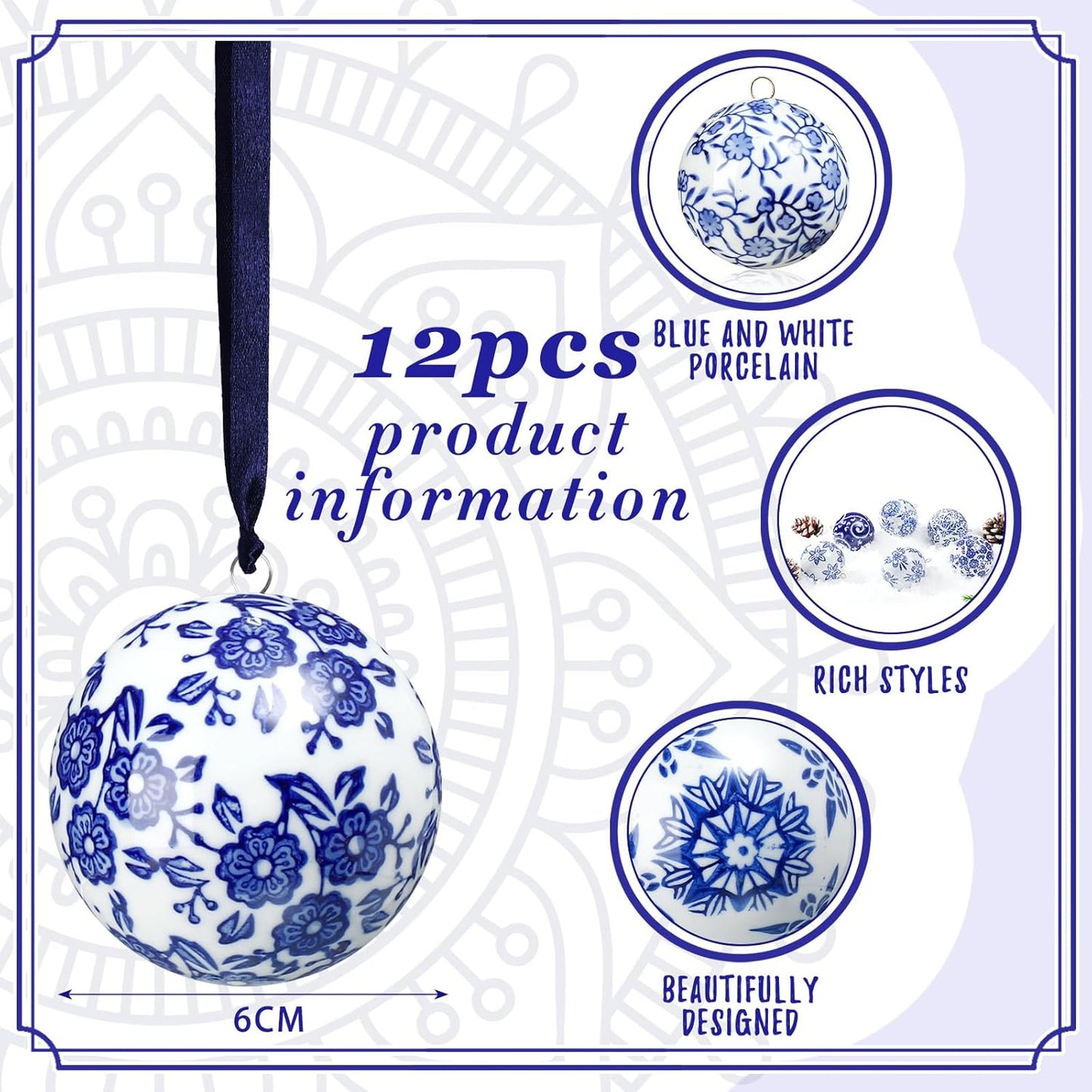 Cindeer 12 Pcs Blue and White Christmas Porcelain Balls 2.4 Inch Porcelain Chinoiserie Ornament Bulk Christmas Ceramic Hanging Decorative for Tree Home Xmas Party (Elegant Style)