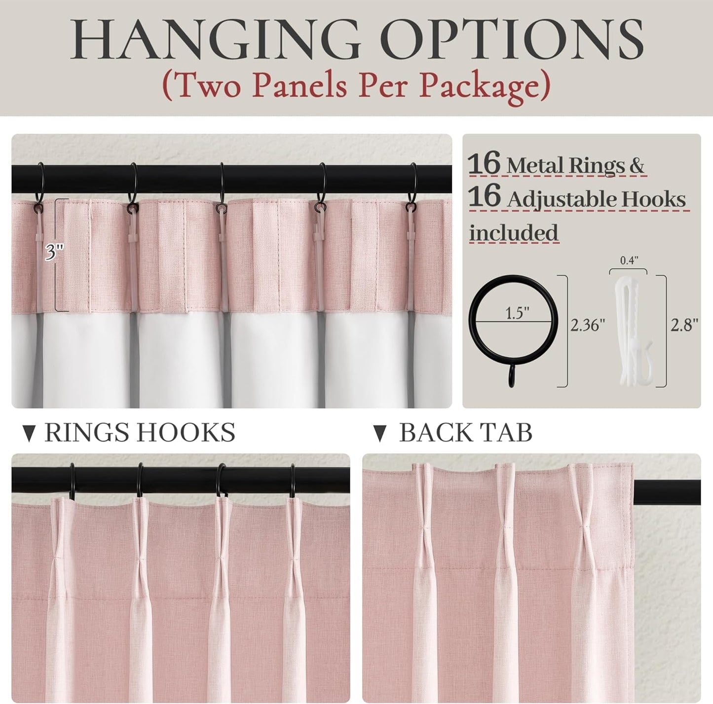 Baby Pink Modern Pinch Pleated Curtains & Drapes 84 Inch Length 2 Panels Set for Living Room, Blackout Thick Linen Blend Thermal Privacy Baby Girls Room Window Curtain with Hooks Ring 40"x84"