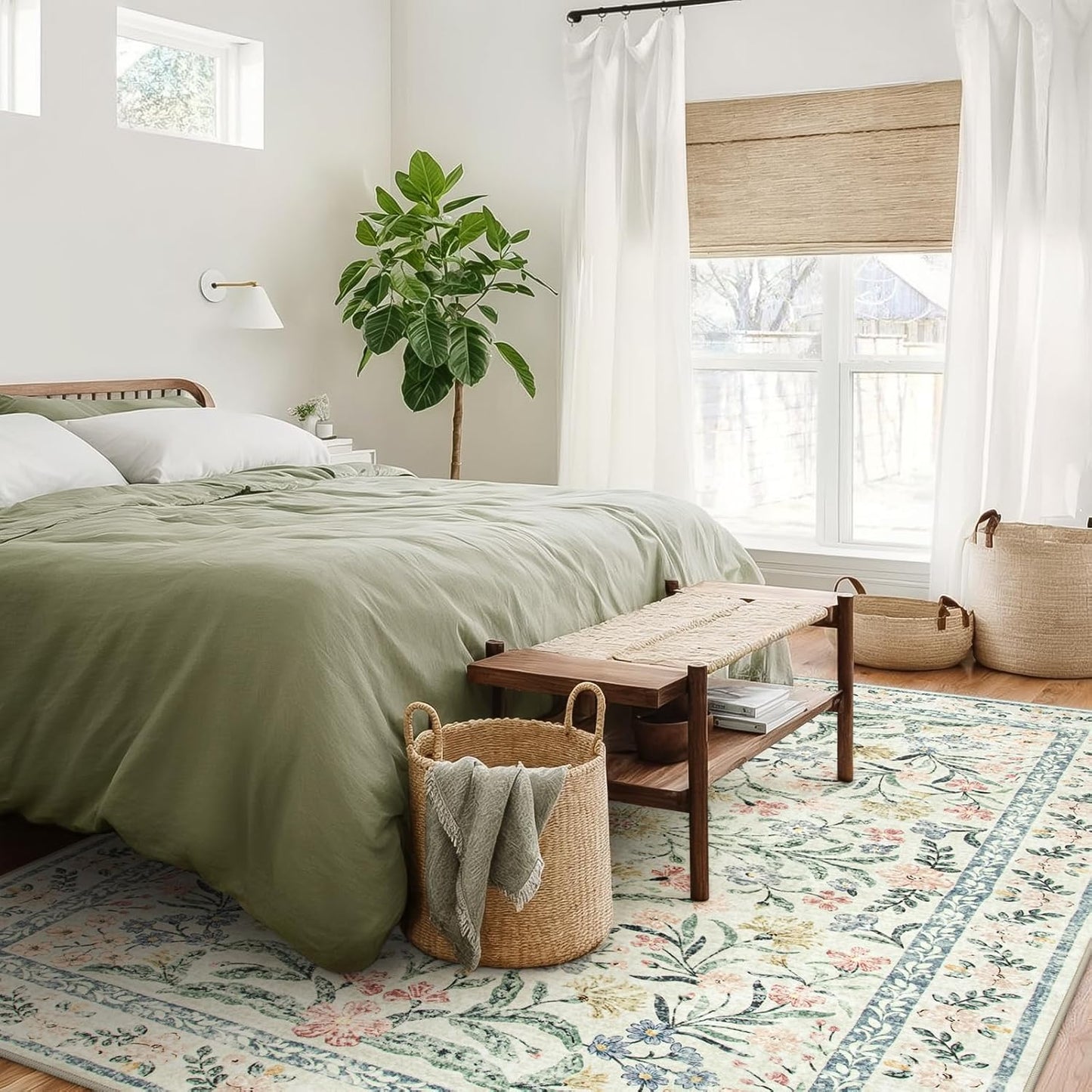 Wonnitar Large Washable 8x10 Rug, Boho Living Room Rug 8 x 10, Soft Floral Carpet for Bedroom Non Slip, Indoor Soft Beige Carpets for Dining Room Apartment Office