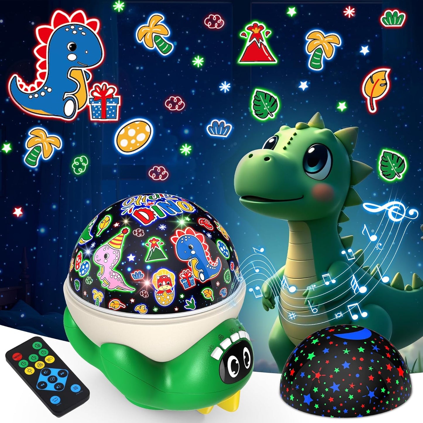 Dinosaur Night Light Projector for Kids Green Dino Toys for Boys, Star Night Lights with Music and Timer, 17 Mode Color Changing Lamp with Remote, Christmas Birthday Gift for Baby Girl Boy