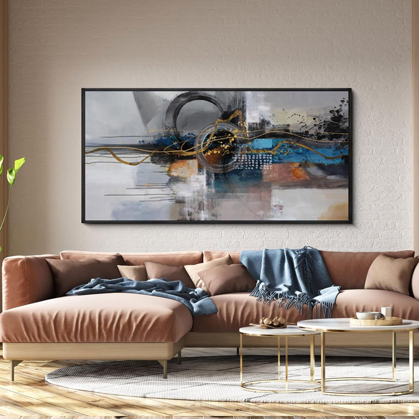 XLSJERST Large Abstract Frame Wall Art - Black and Blue Cnavas Framed Artwork for Walls Modern Minimalist Boho Gray Pictures Wall Decor for Living Room Bedroom Office Home Decoration 24x48 Inches