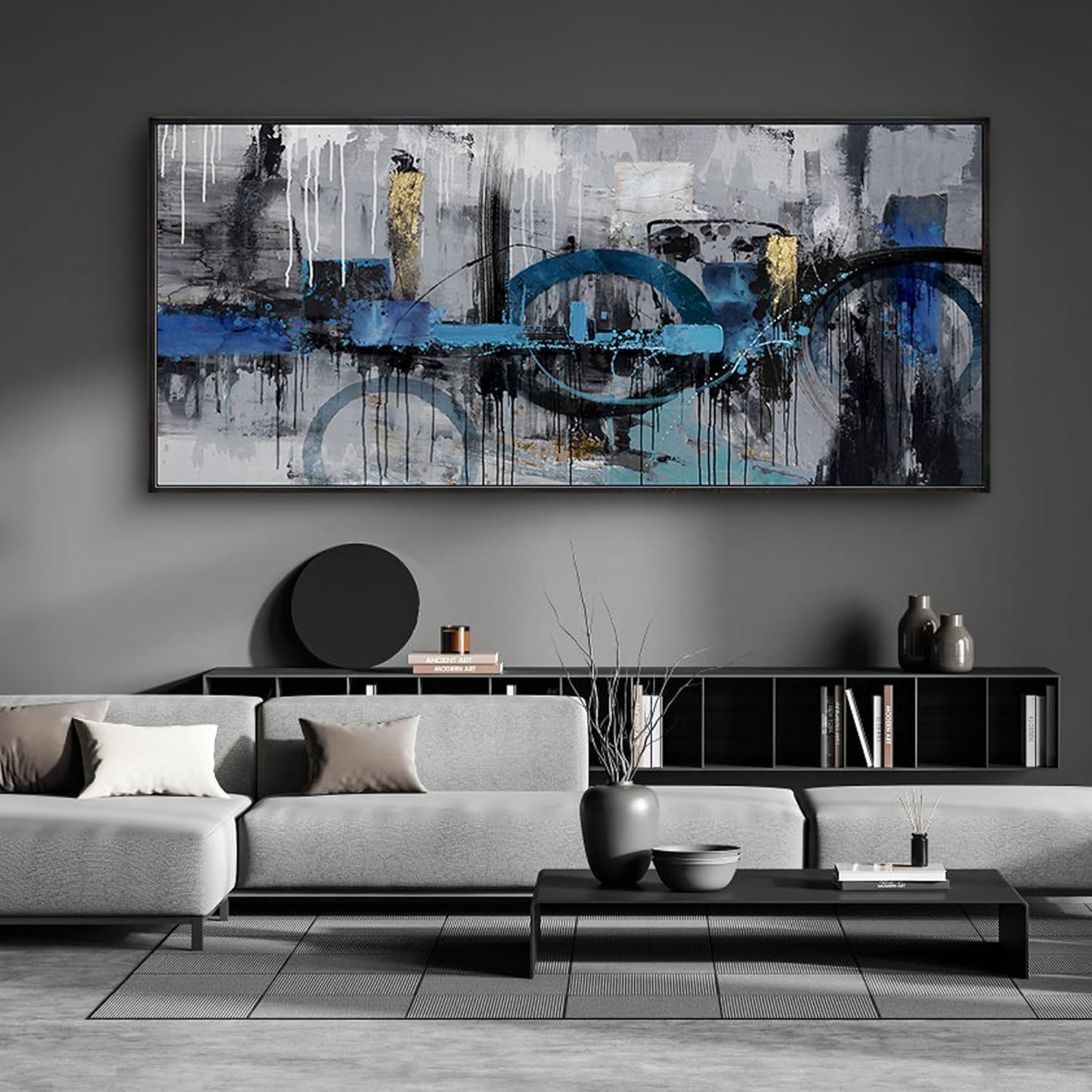 KLAKLA Large Abstract Wall Art Canvas - Blue and Gray Lnk Style Gold City Scenes Wall Decor Living Room Bedroom Decoration Black Frame Picture Artwork for Wall Modern Landscape Wall Decor
