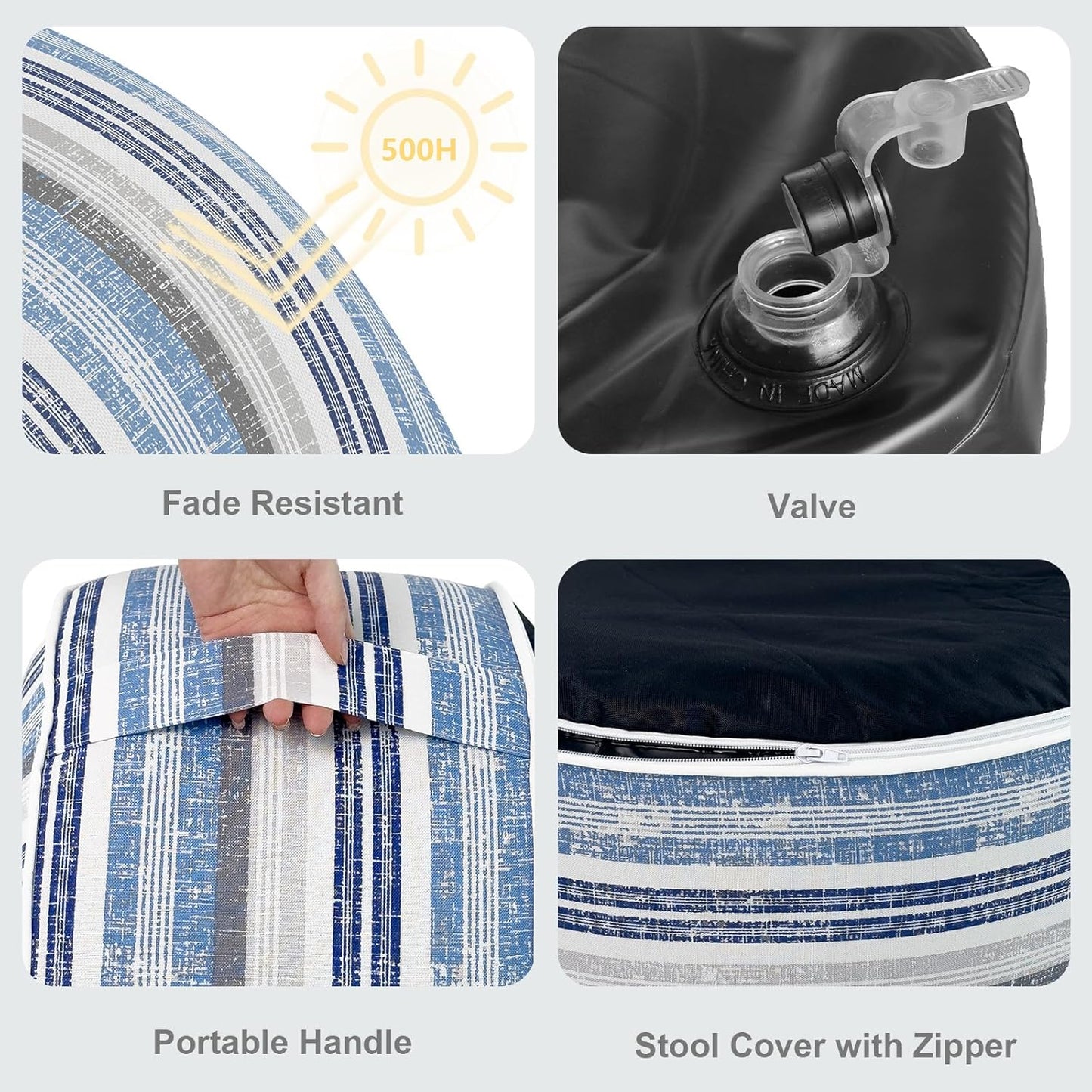 LVTXIII Outdoor Inflatable Ottoman, Fade-Resistant Round Footrest Stool D31”x H14”, Portable Patio Pouf for Garden Camping or Home Use, Stripe Layered Blue